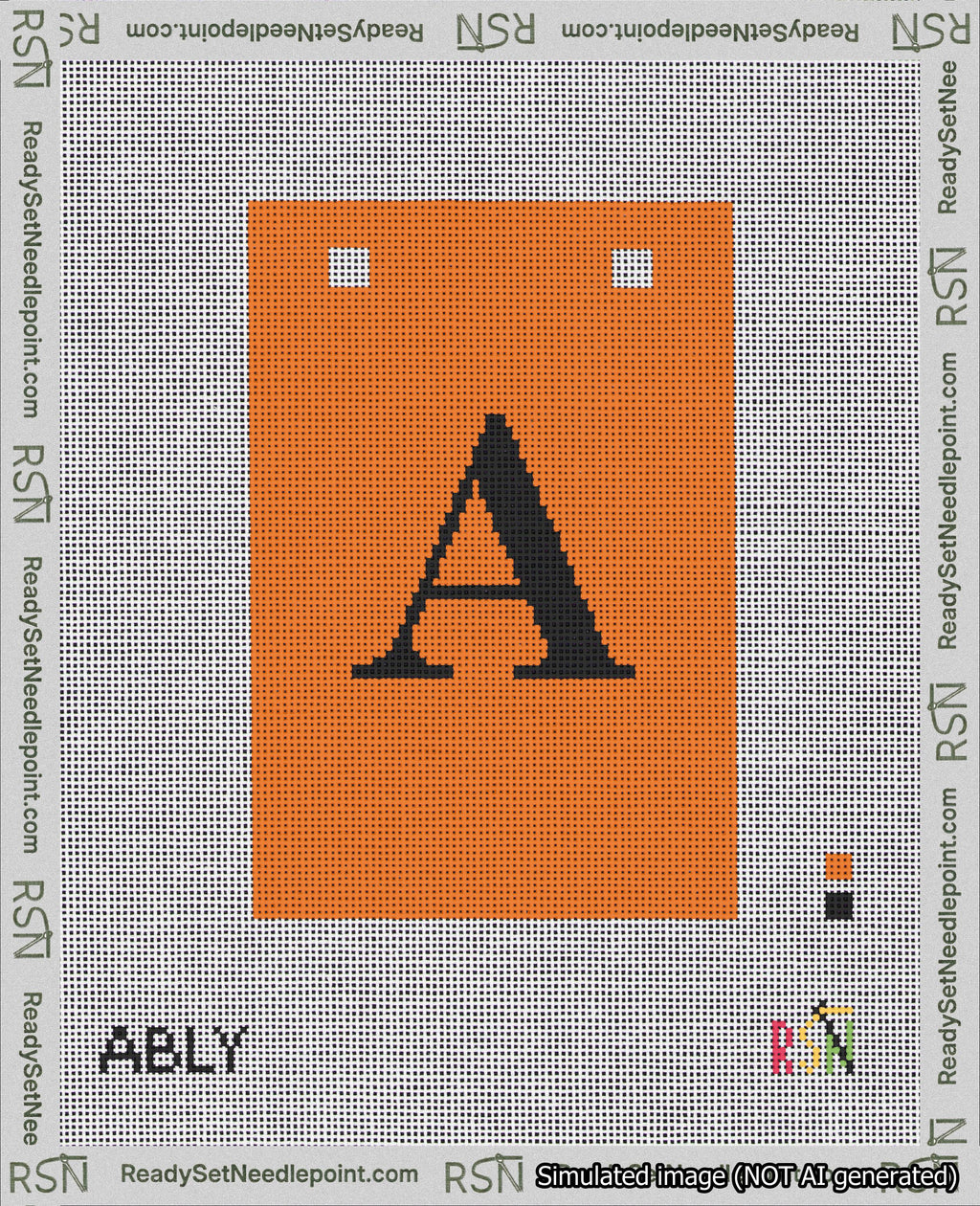 A taped needlepoint canvas with the design: Banner 18 mesh count Squared A Black on Orange.