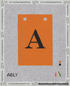 A taped needlepoint canvas with the design: Banner 18 mesh count Squared A Black on Orange.