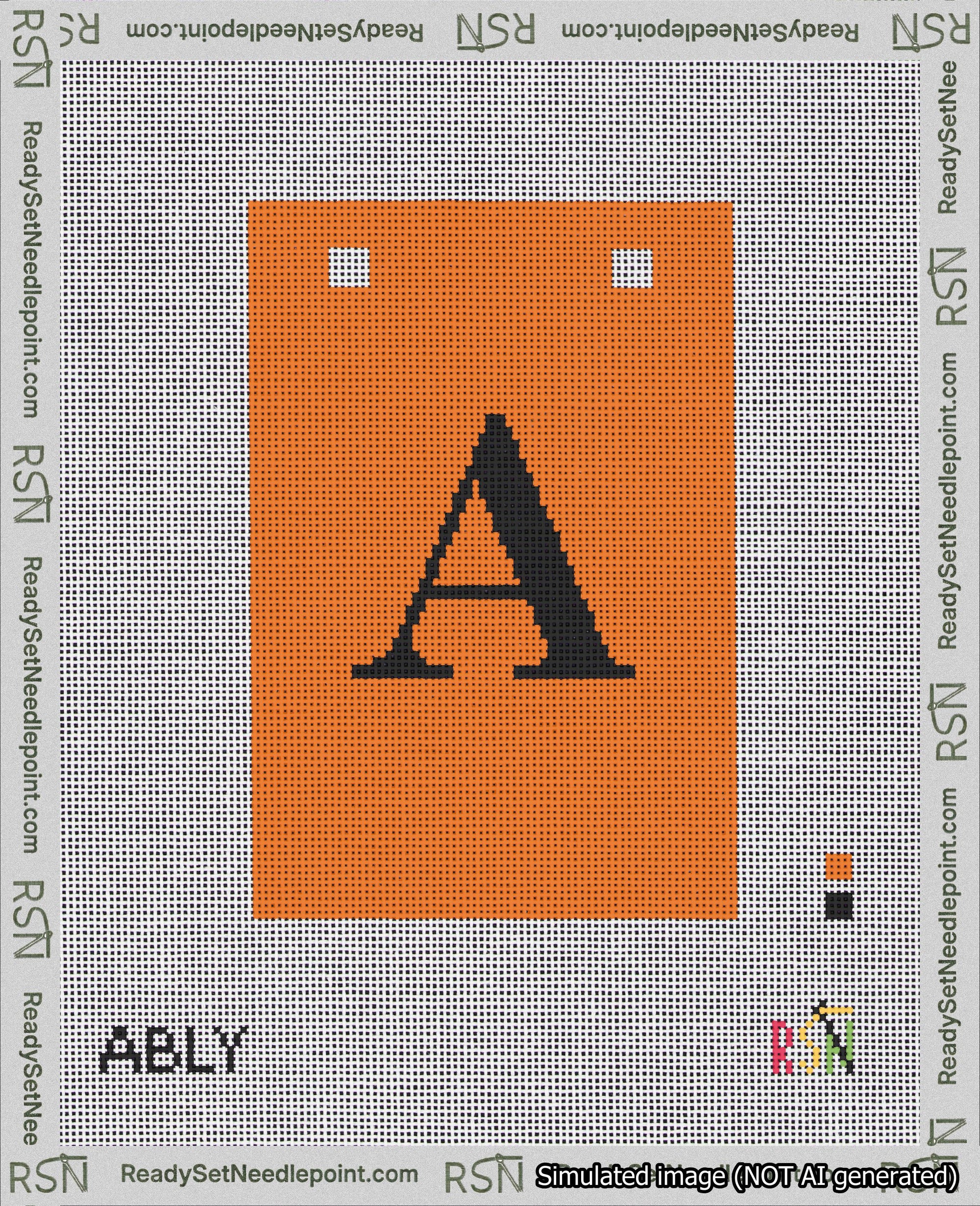 A taped needlepoint canvas with the design: Banner 18 mesh count Squared A Black on Orange.