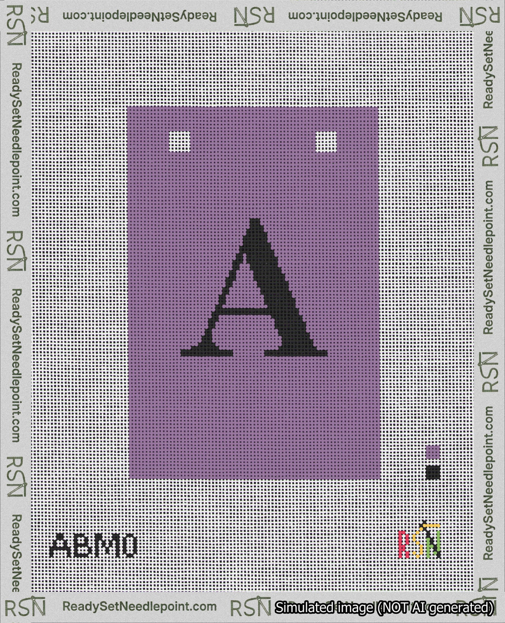 A taped needlepoint canvas with the design: Banner 18 mesh count Squared A Black on Purple.
