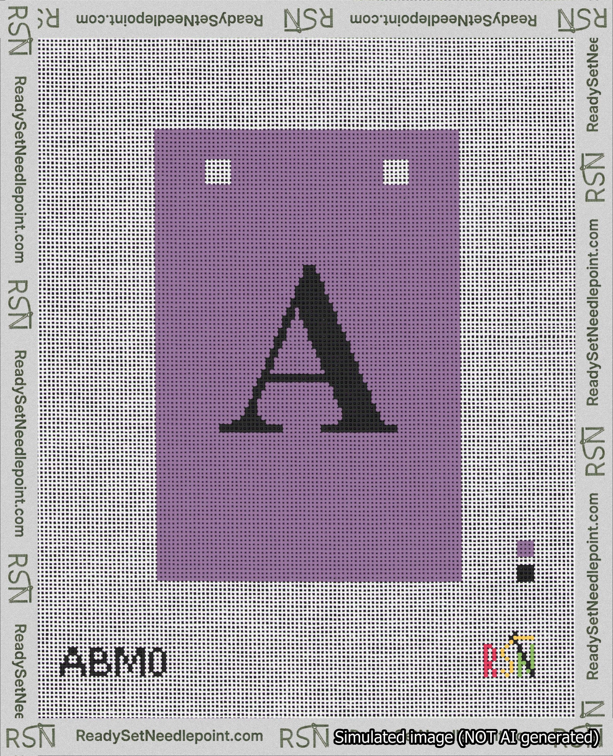 A taped needlepoint canvas with the design: Banner 18 mesh count Squared A Black on Purple.