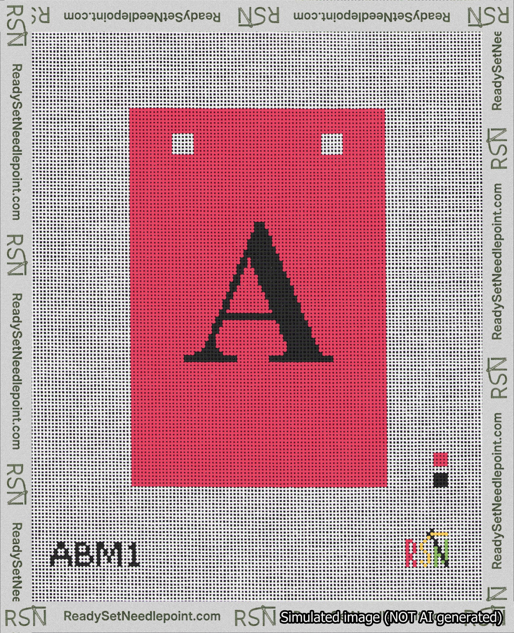 A taped needlepoint canvas with the design: Banner 18 mesh count Squared A Black on Red.