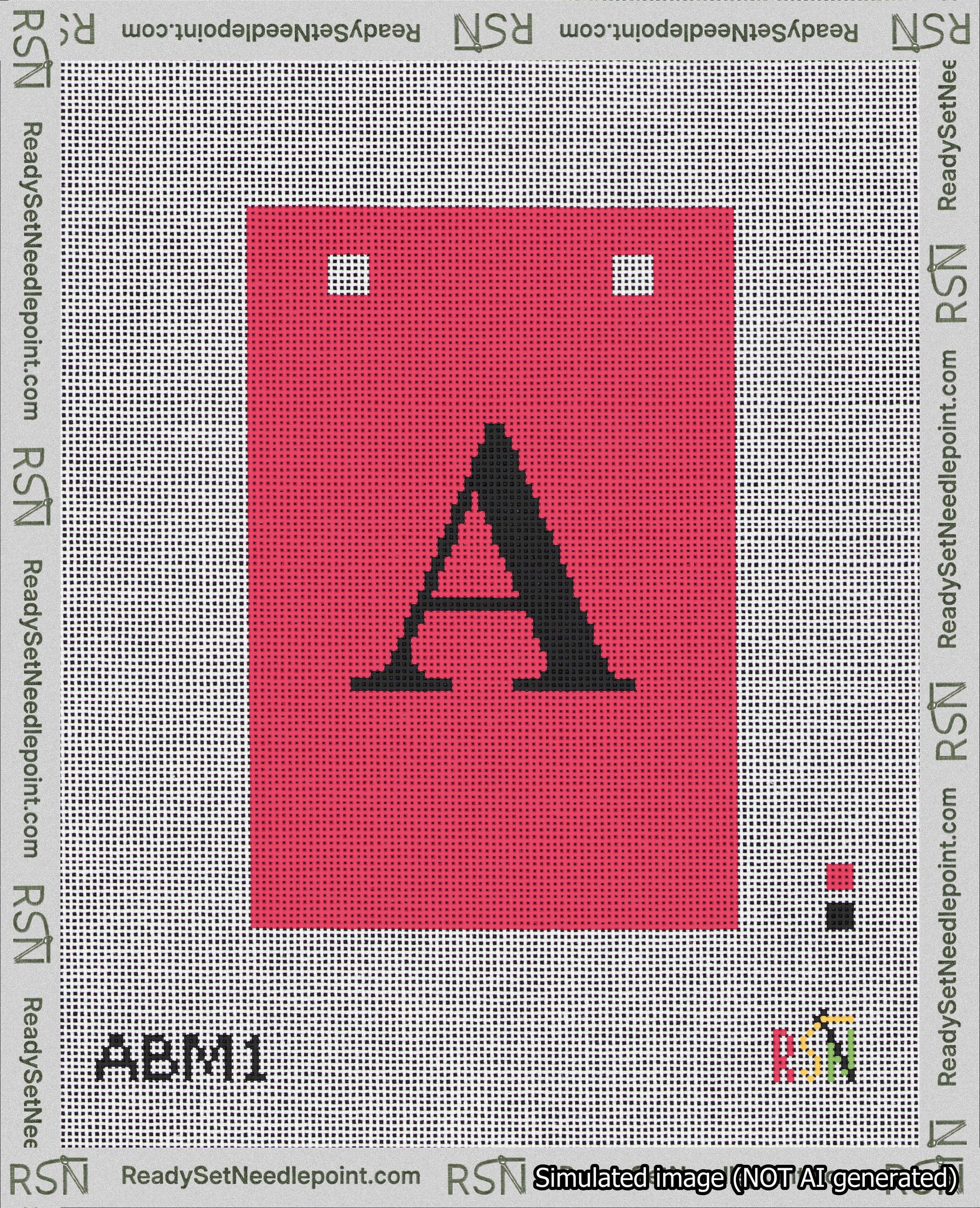 A taped needlepoint canvas with the design: Banner 18 mesh count Squared A Black on Red.