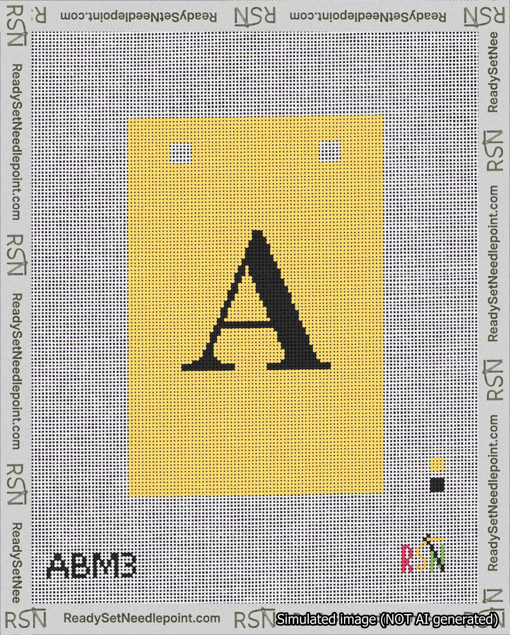 A taped needlepoint canvas with the design: Banner 18 mesh count Squared A Black on Yellow.