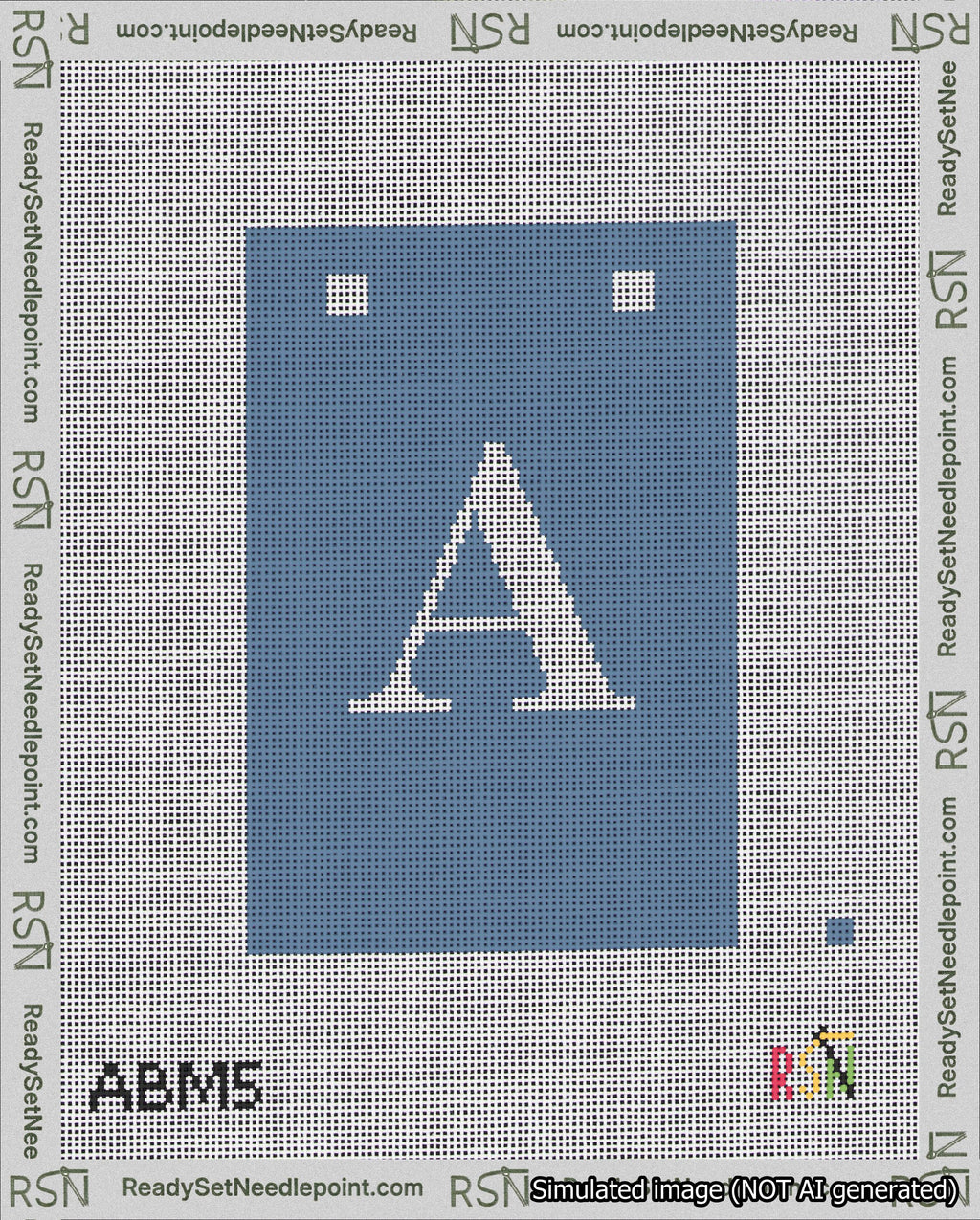 A taped needlepoint canvas with the design: Banner 18 mesh count Squared A White on Blue.