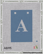 A taped needlepoint canvas with the design: Banner 18 mesh count Squared A White on Blue.