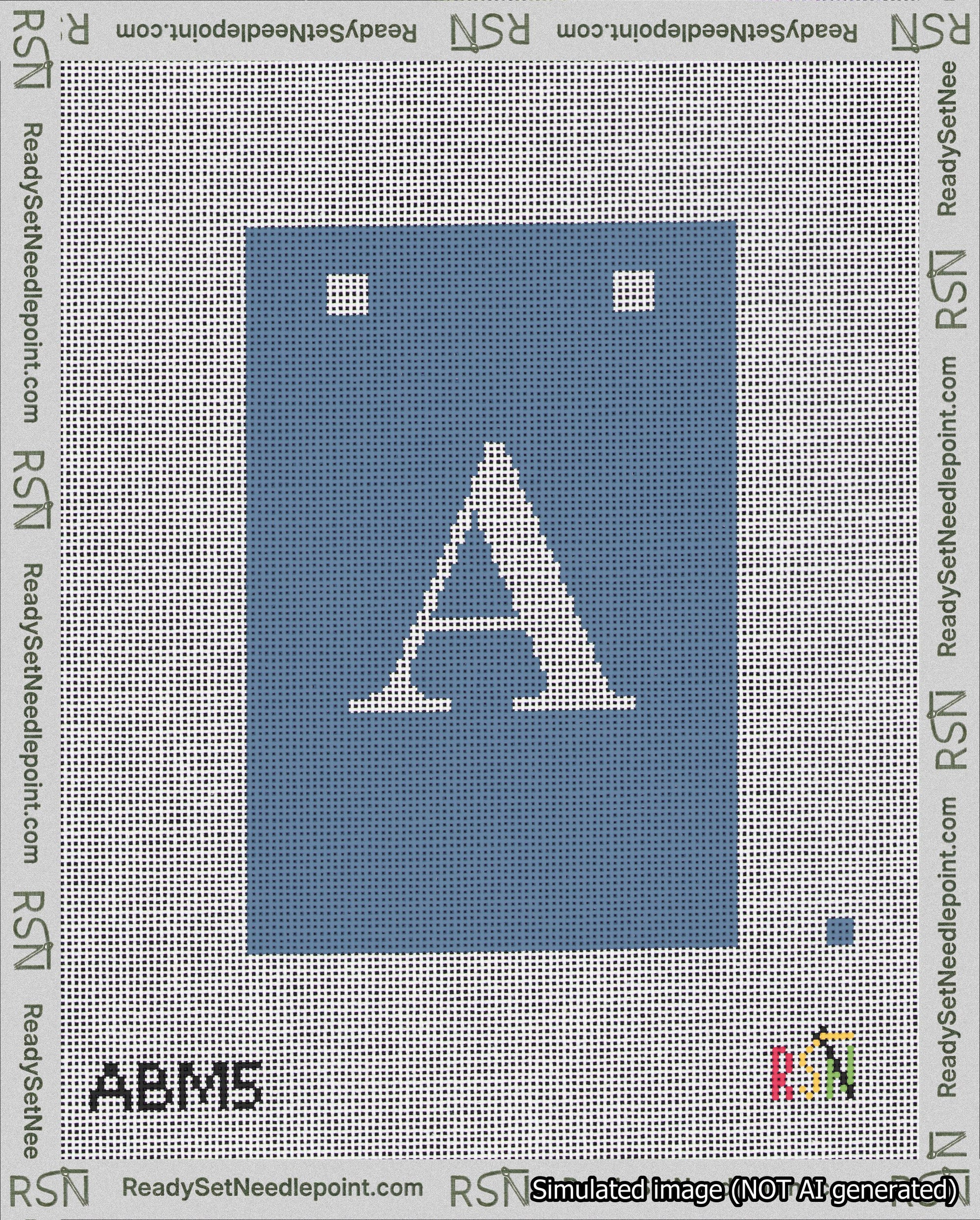 A taped needlepoint canvas with the design: Banner 18 mesh count Squared A White on Blue.