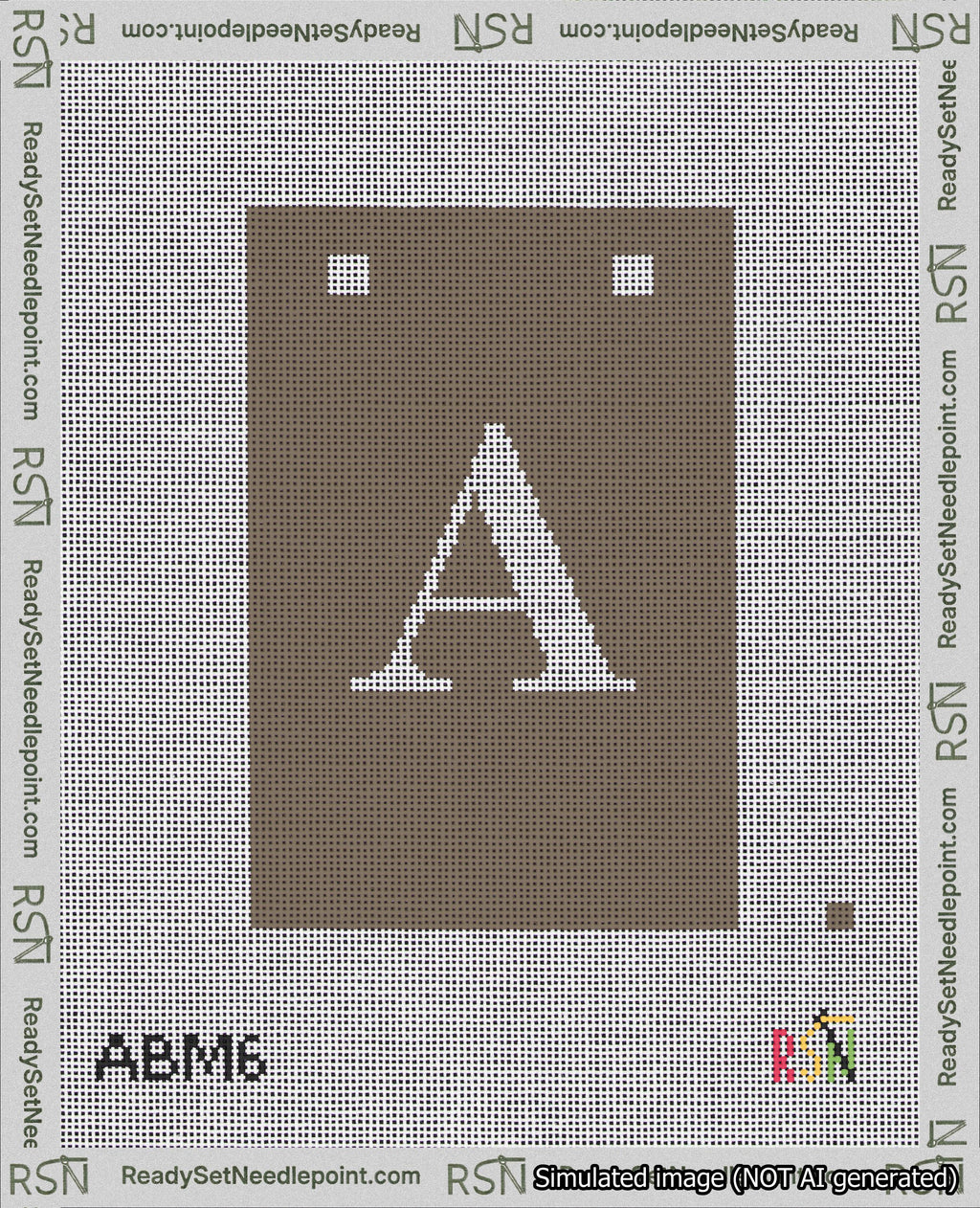 A taped needlepoint canvas with the design: Banner 18 mesh count Squared A White on Brown.