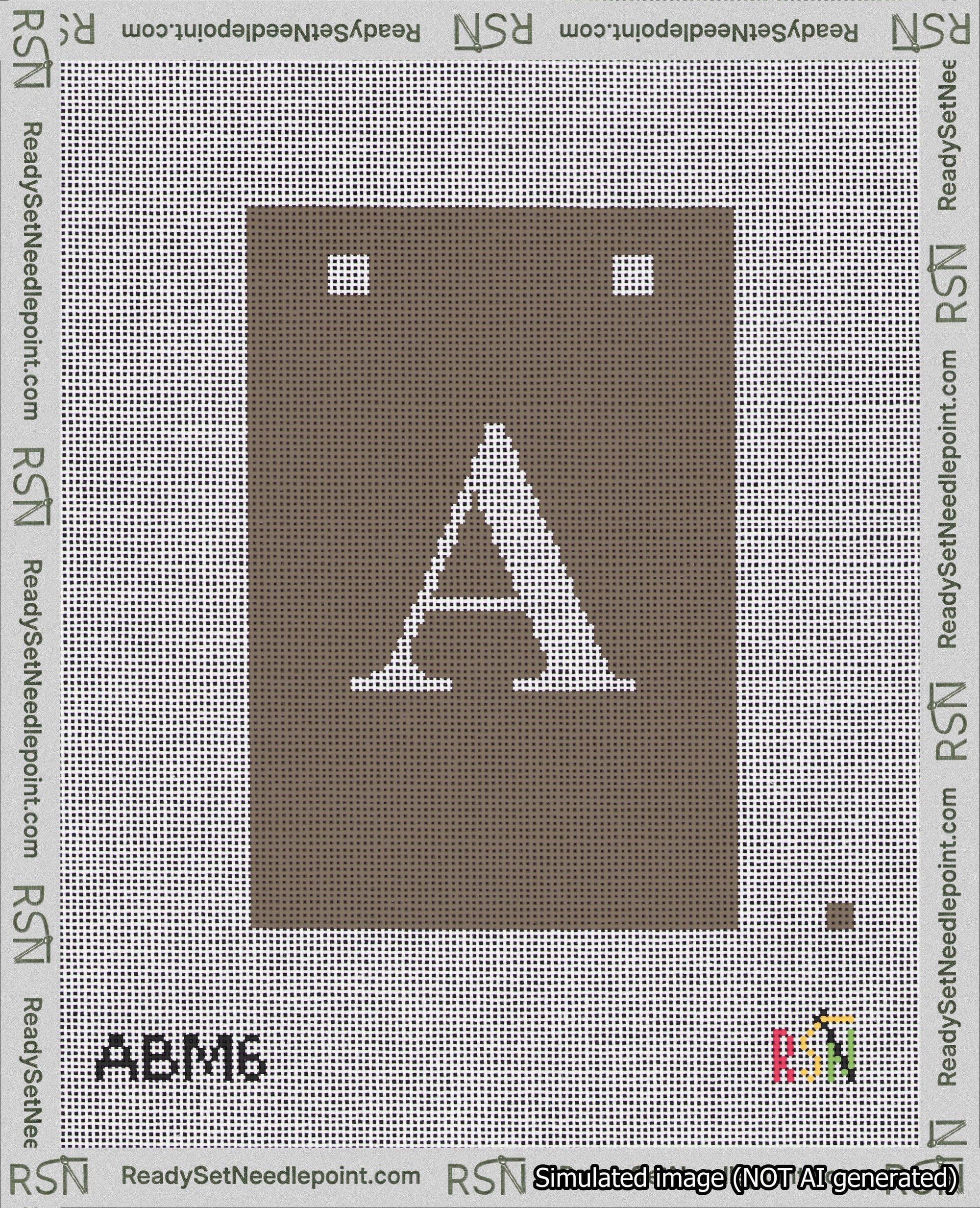 A taped needlepoint canvas with the design: Banner 18 mesh count Squared A White on Brown.