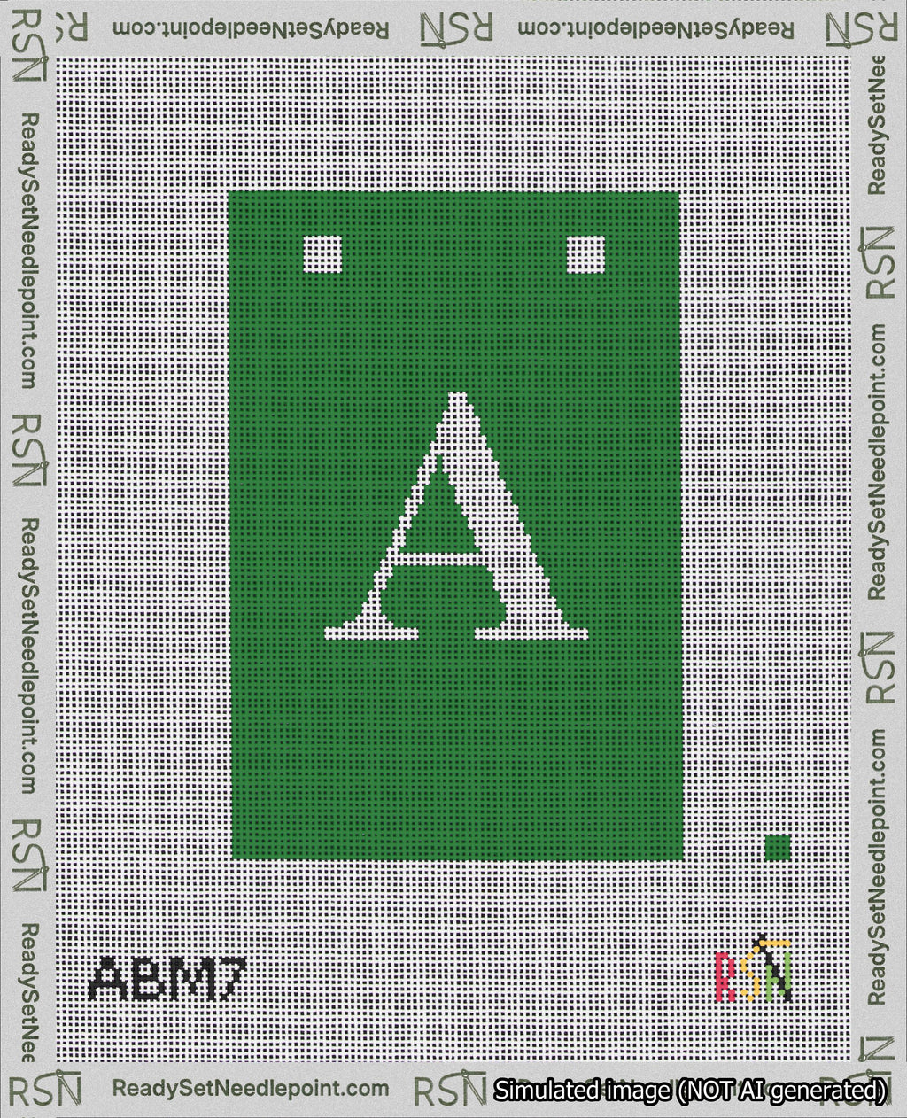 A taped needlepoint canvas with the design: Banner 18 mesh count Squared A White on Green.