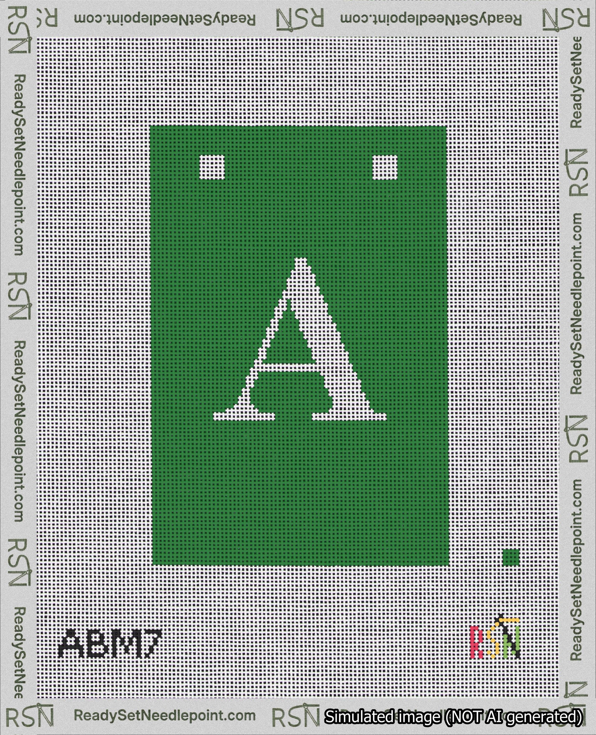A taped needlepoint canvas with the design: Banner 18 mesh count Squared A White on Green.
