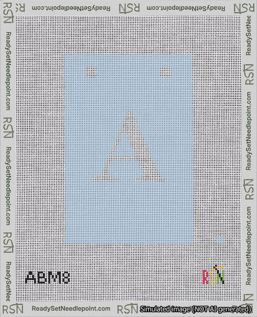 A taped needlepoint canvas with the design: Banner 18 mesh count Squared A White on Light Blue.