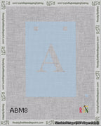 A taped needlepoint canvas with the design: Banner 18 mesh count Squared A White on Light Blue.