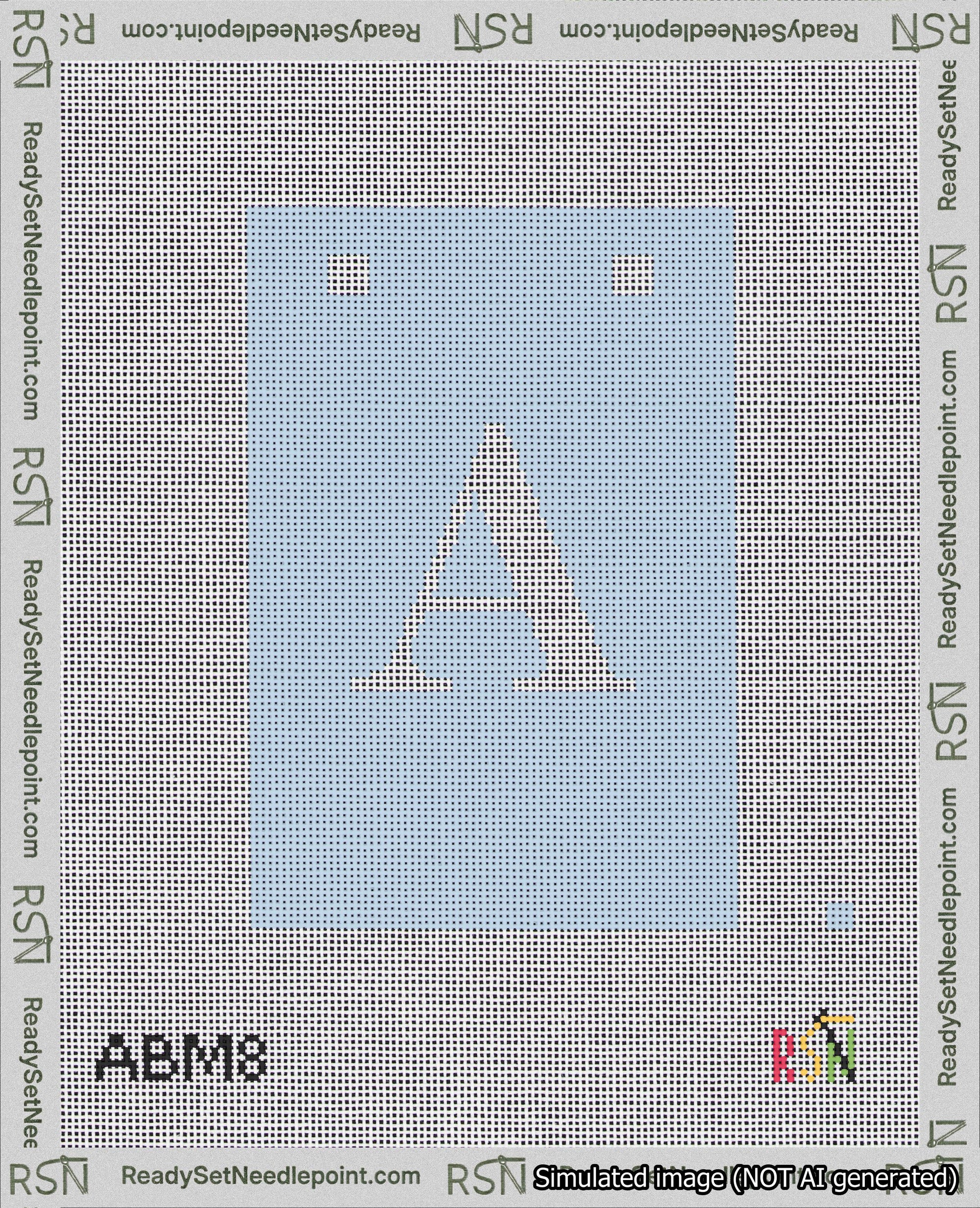 A taped needlepoint canvas with the design: Banner 18 mesh count Squared A White on Light Blue.