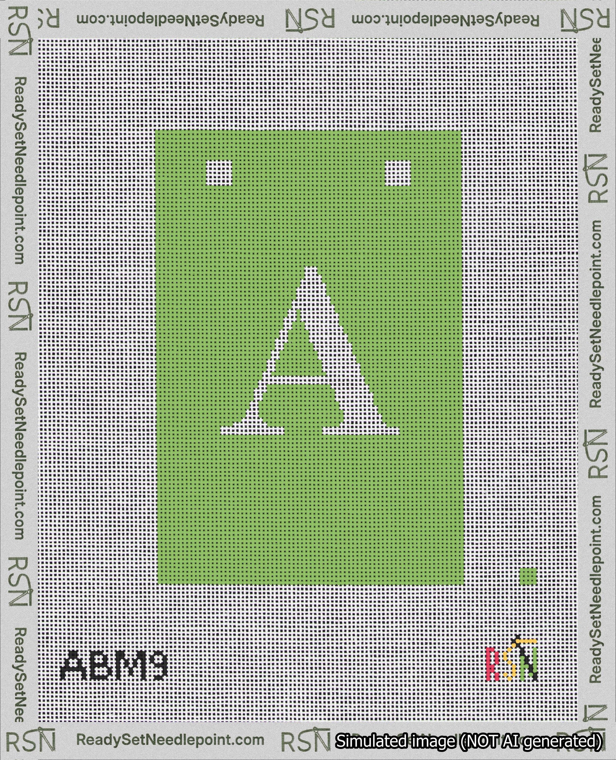 A taped needlepoint canvas with the design: Banner 18 mesh count Squared A White on Light Green.
