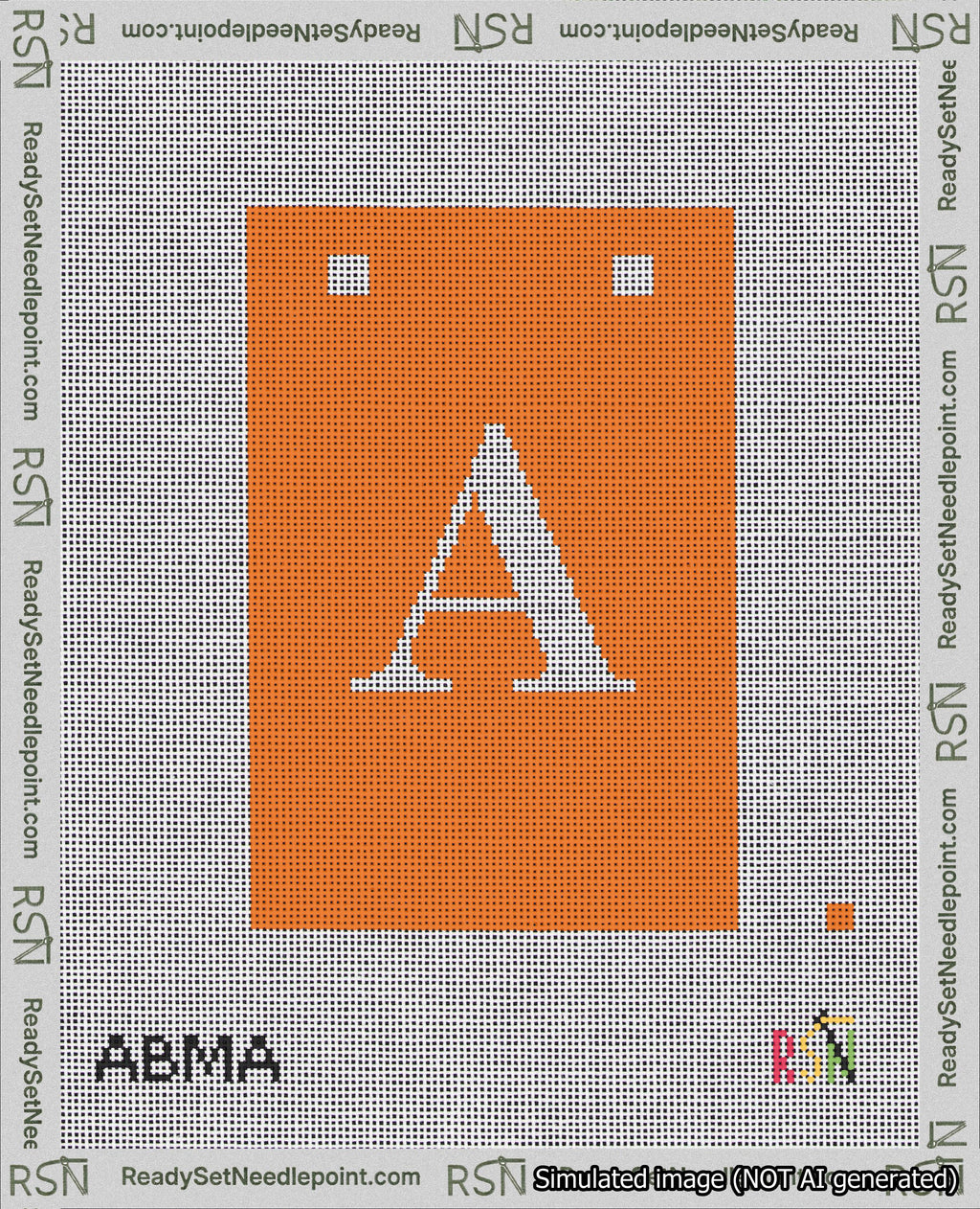 A taped needlepoint canvas with the design: Banner 18 mesh count Squared A White on Orange.