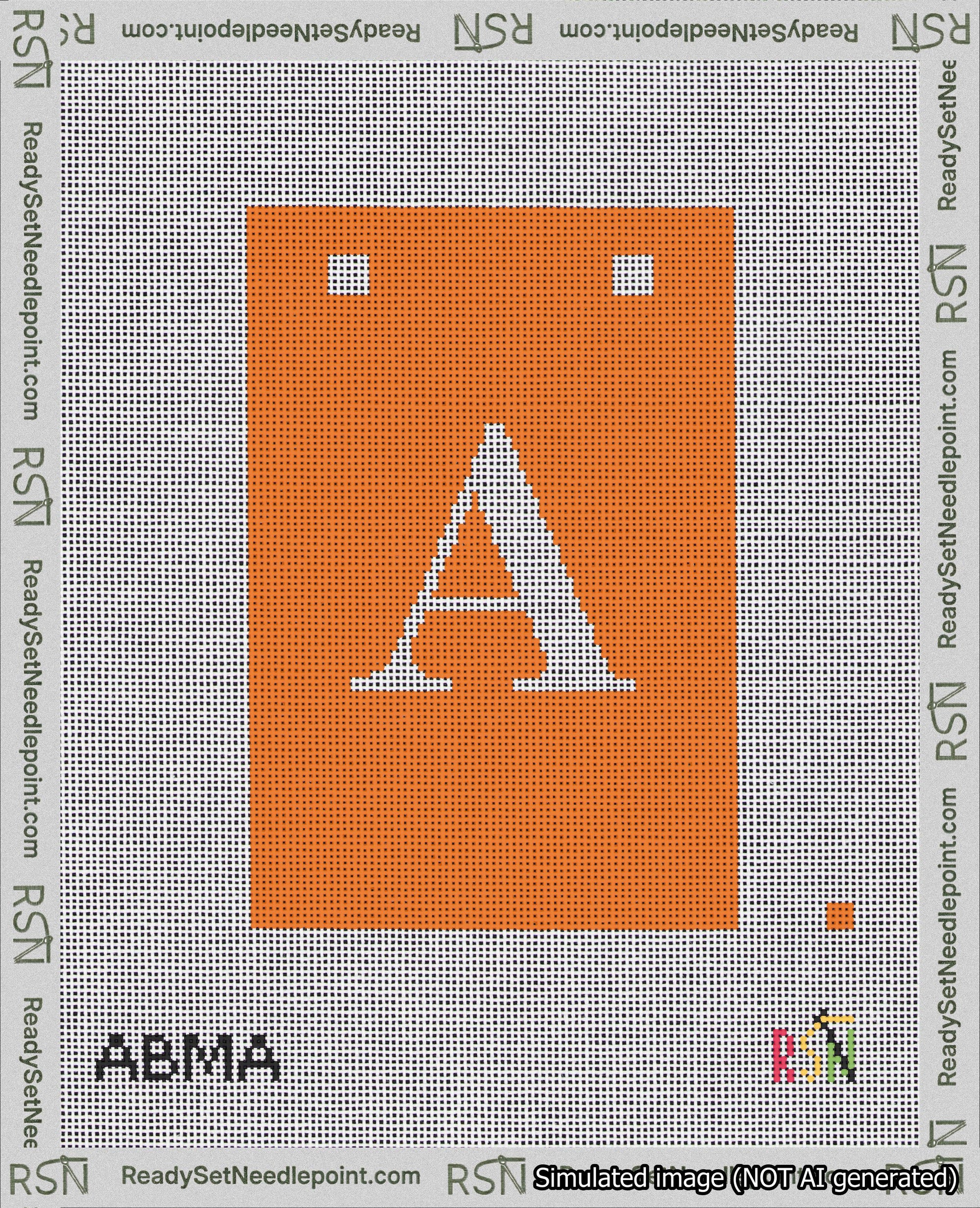 A taped needlepoint canvas with the design: Banner 18 mesh count Squared A White on Orange.