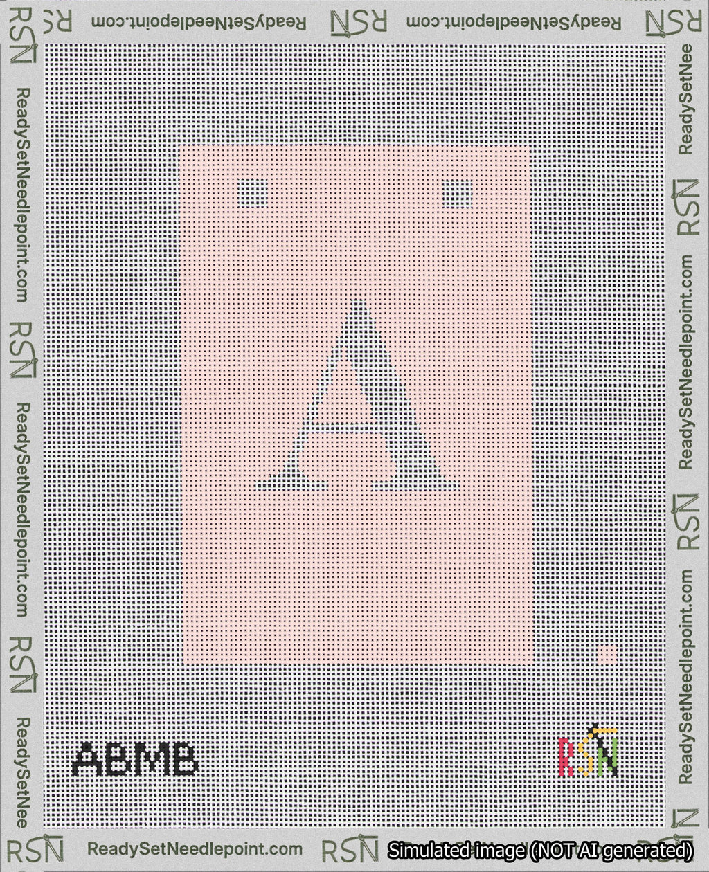 A taped needlepoint canvas with the design: Banner 18 mesh count Squared A White on Pink.
