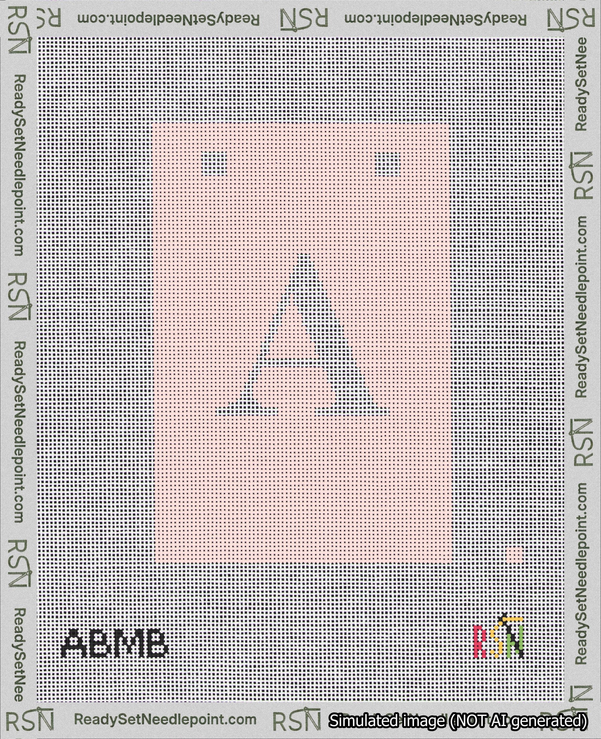 A taped needlepoint canvas with the design: Banner 18 mesh count Squared A White on Pink.