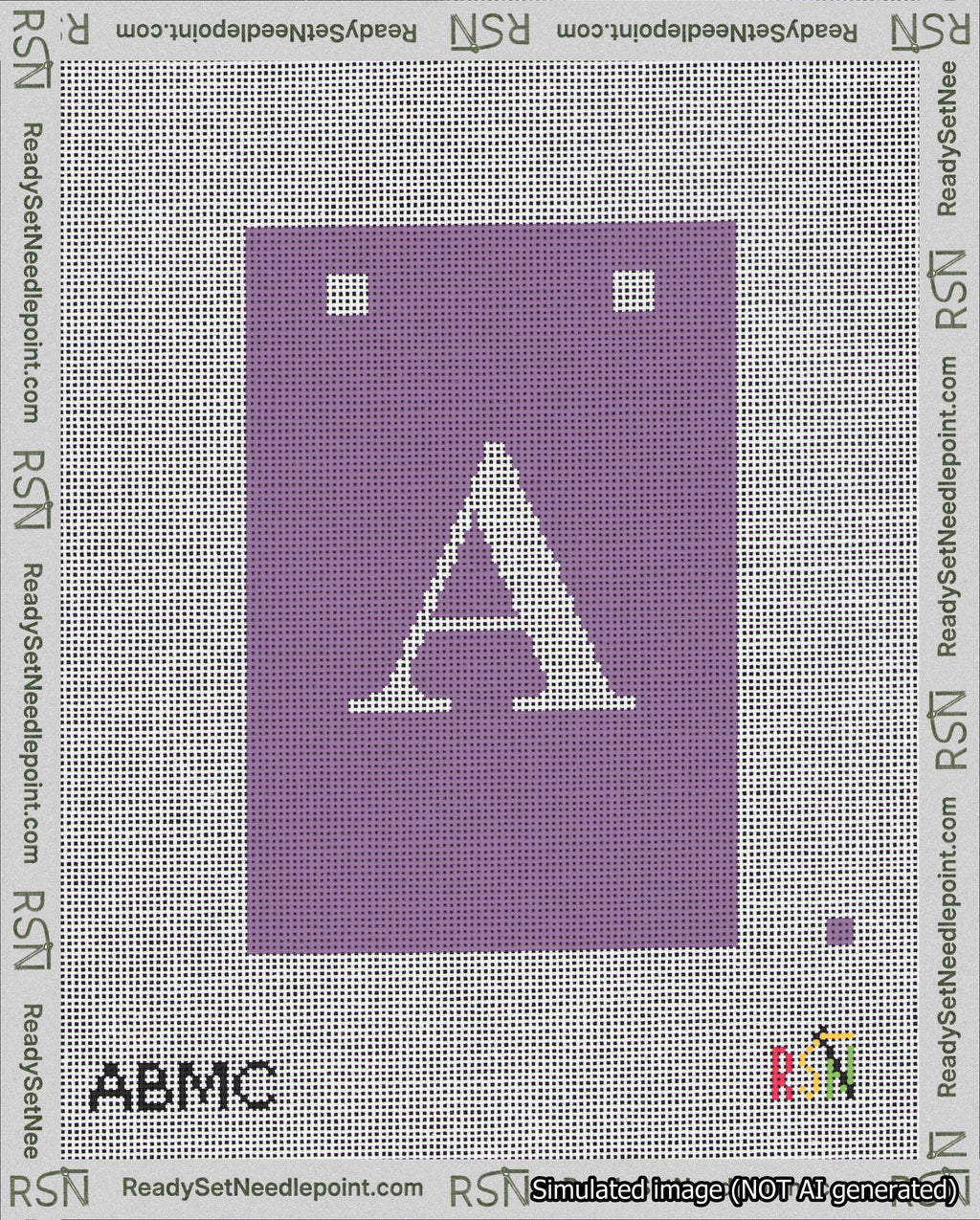 A taped needlepoint canvas with the design: Banner 18 mesh count Squared A White on Purple.