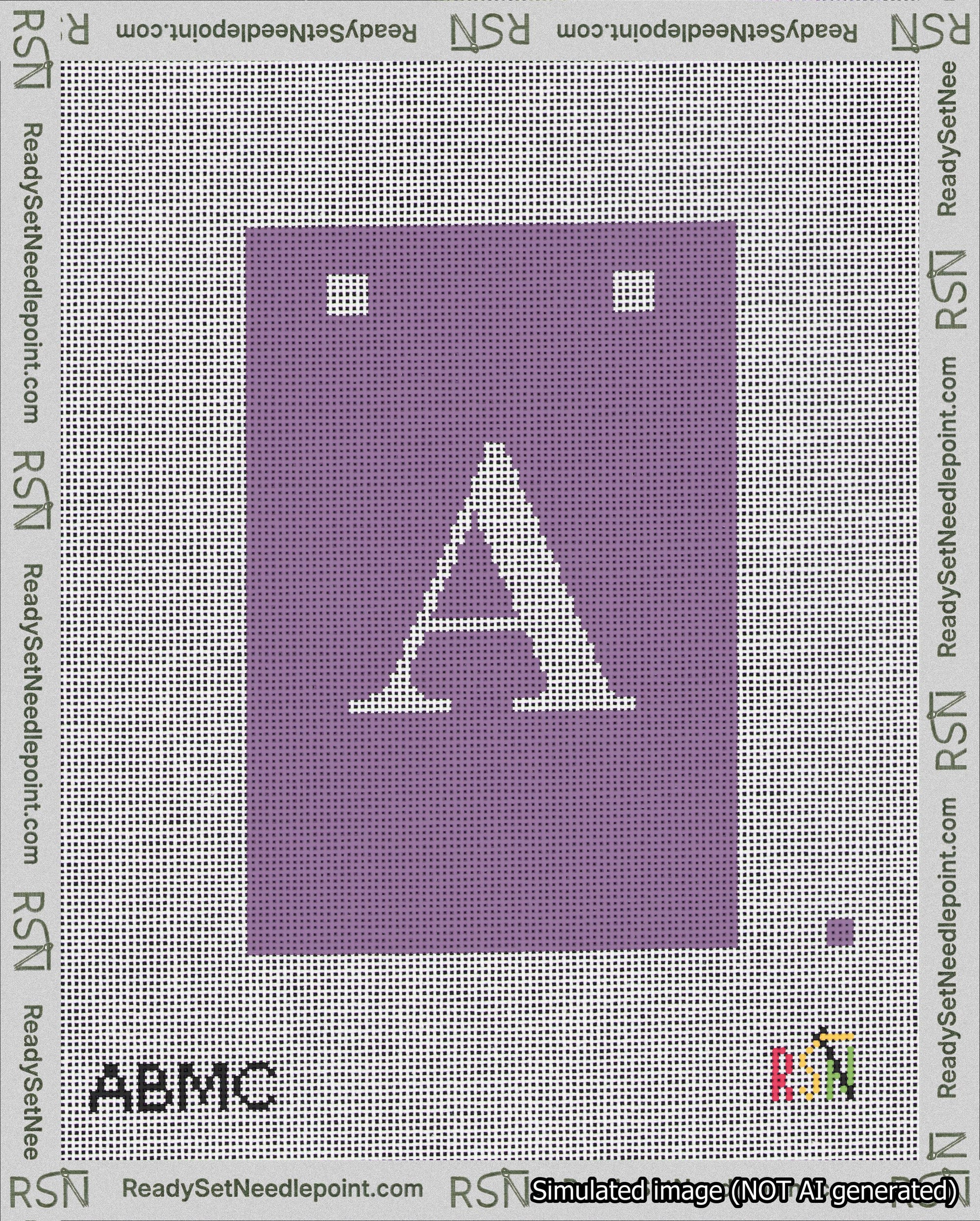 A taped needlepoint canvas with the design: Banner 18 mesh count Squared A White on Purple.