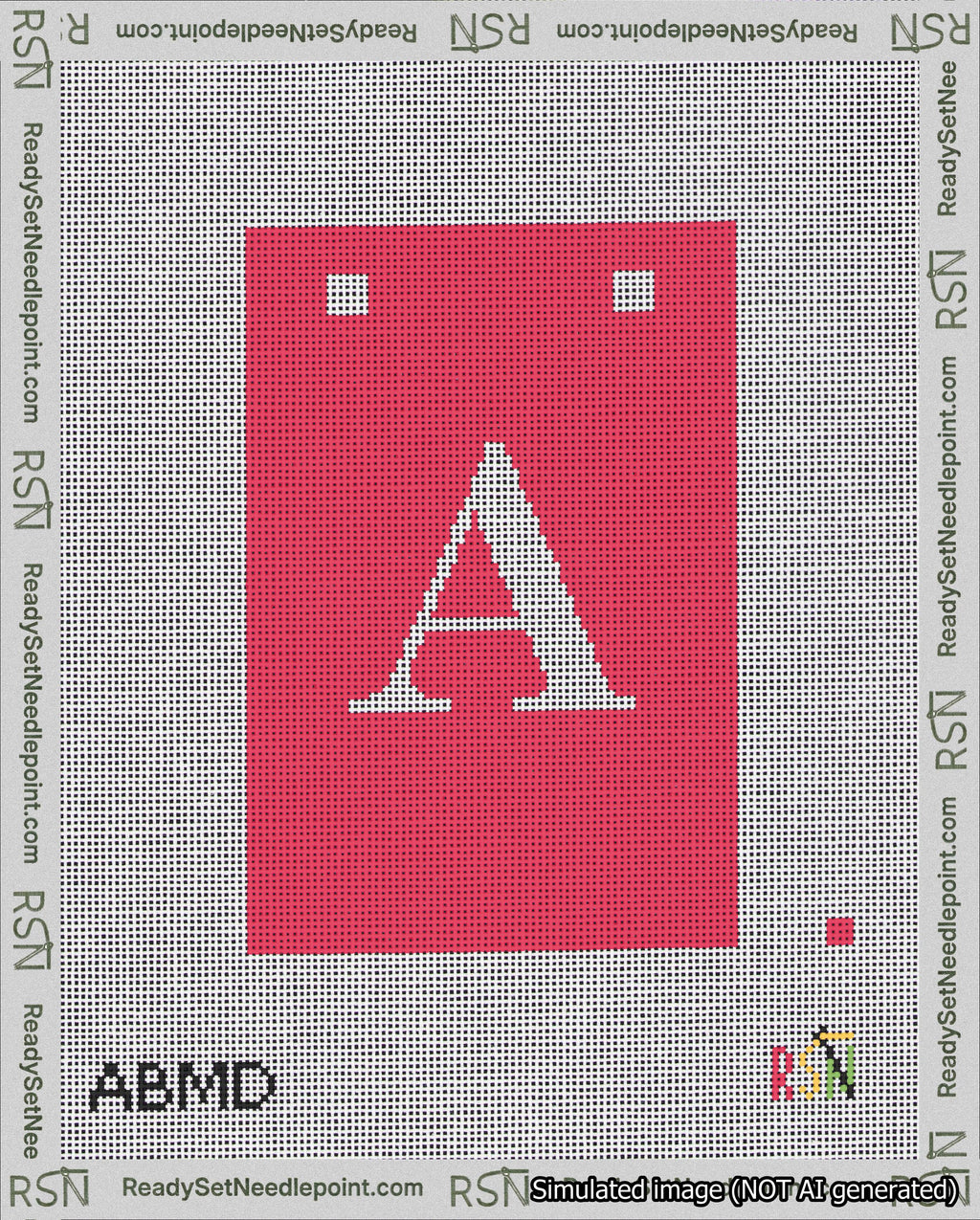 A taped needlepoint canvas with the design: Banner 18 mesh count Squared A White on Red.