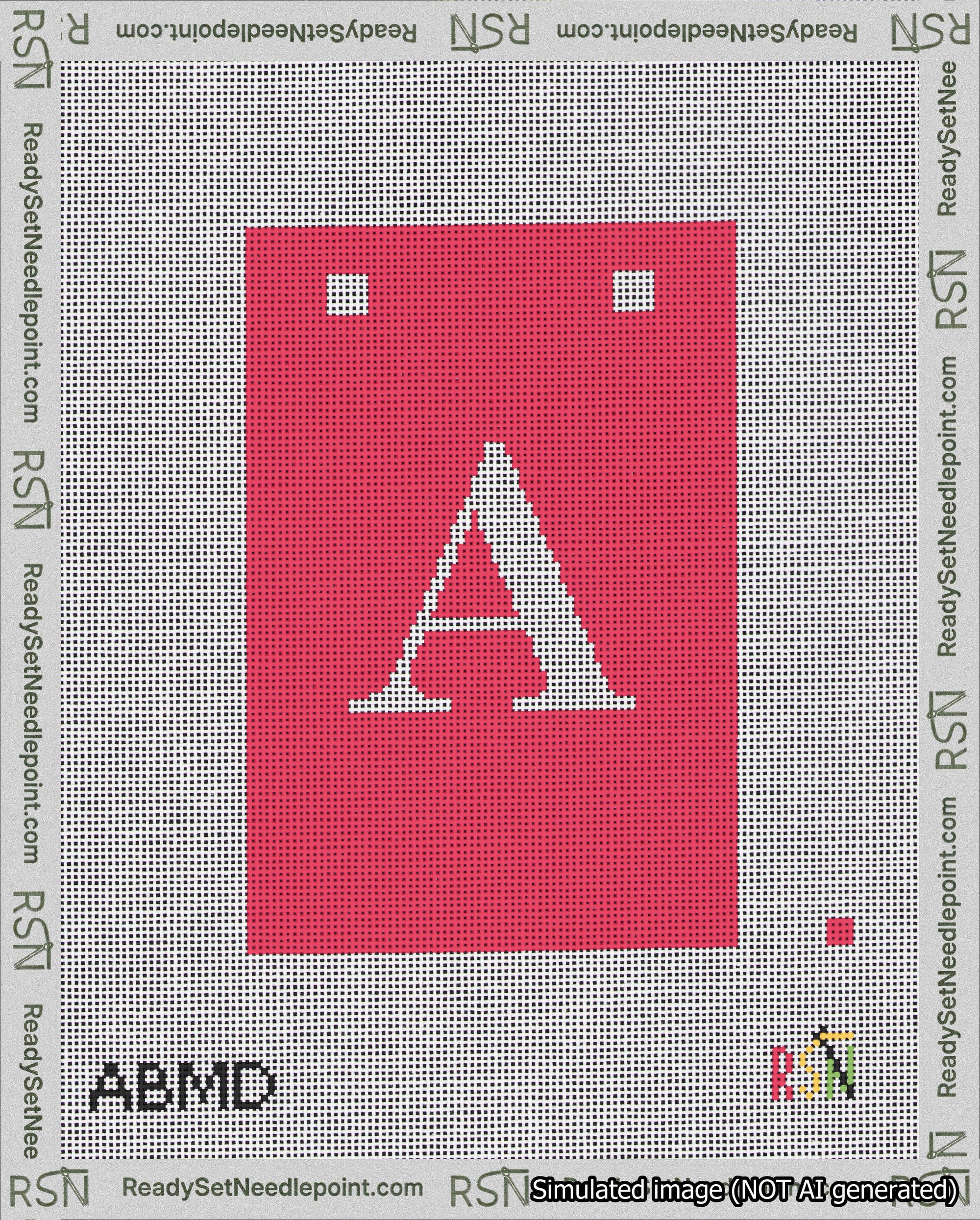 A taped needlepoint canvas with the design: Banner 18 mesh count Squared A White on Red.