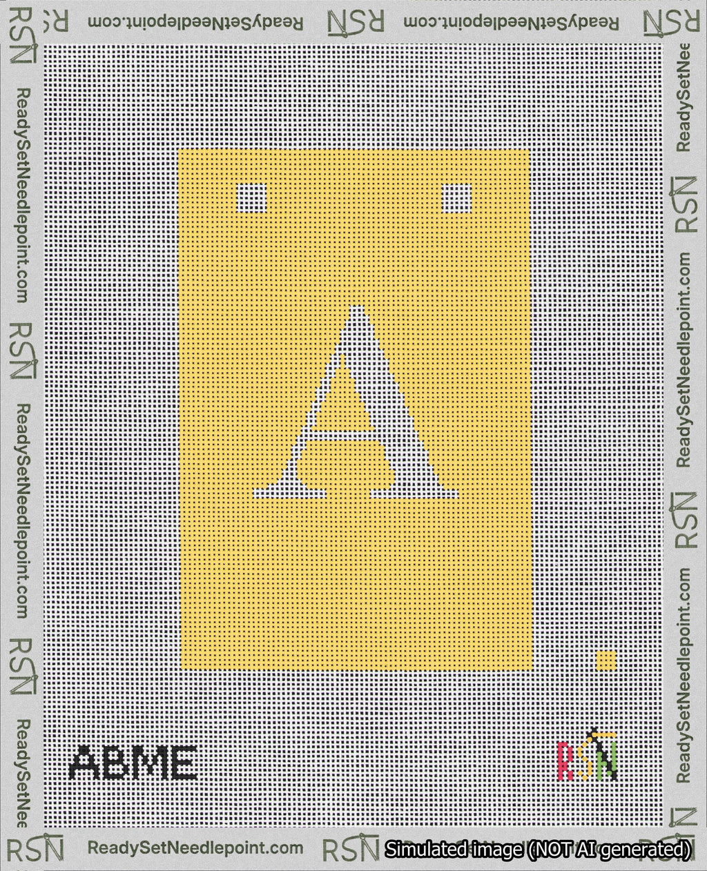A taped needlepoint canvas with the design: Banner 18 mesh count Squared A White on Yellow.