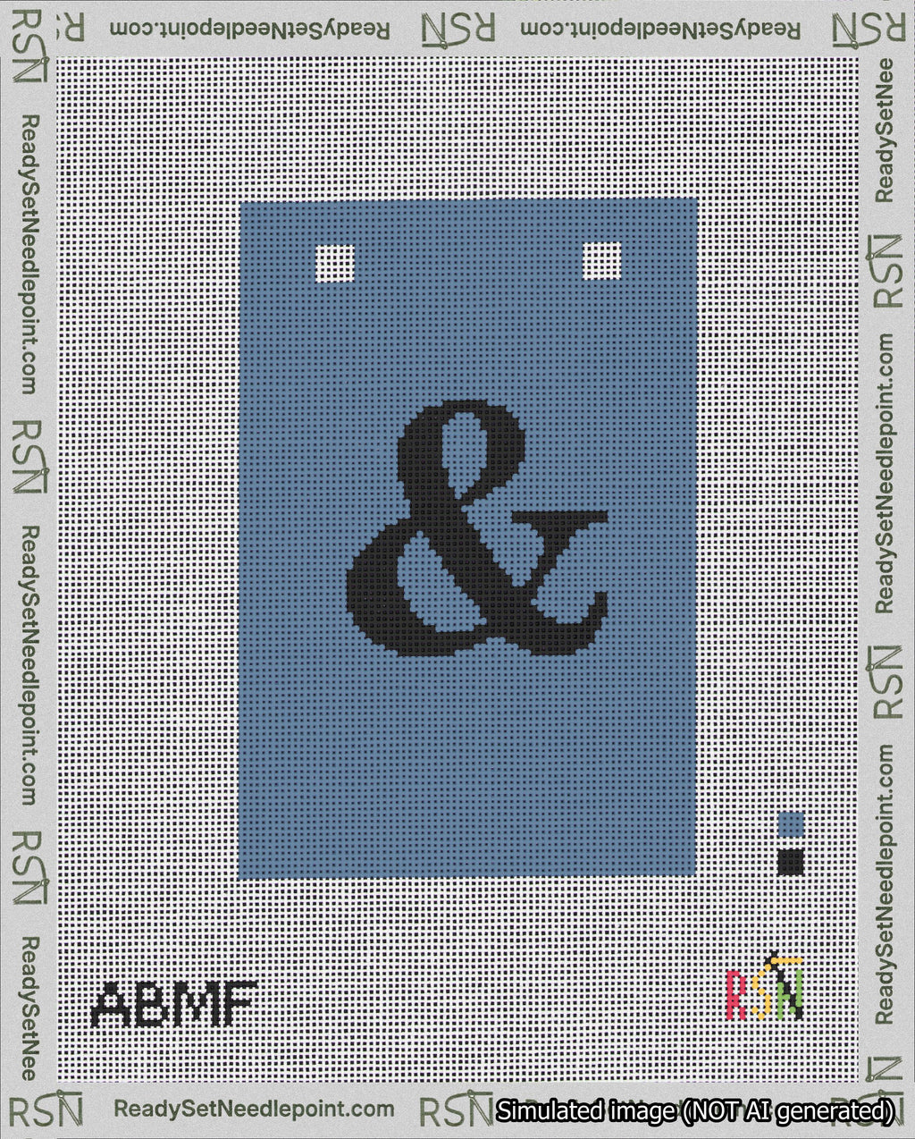 A taped needlepoint canvas with the design: Banner 18 mesh count Squared Ampersand Black on Blue.