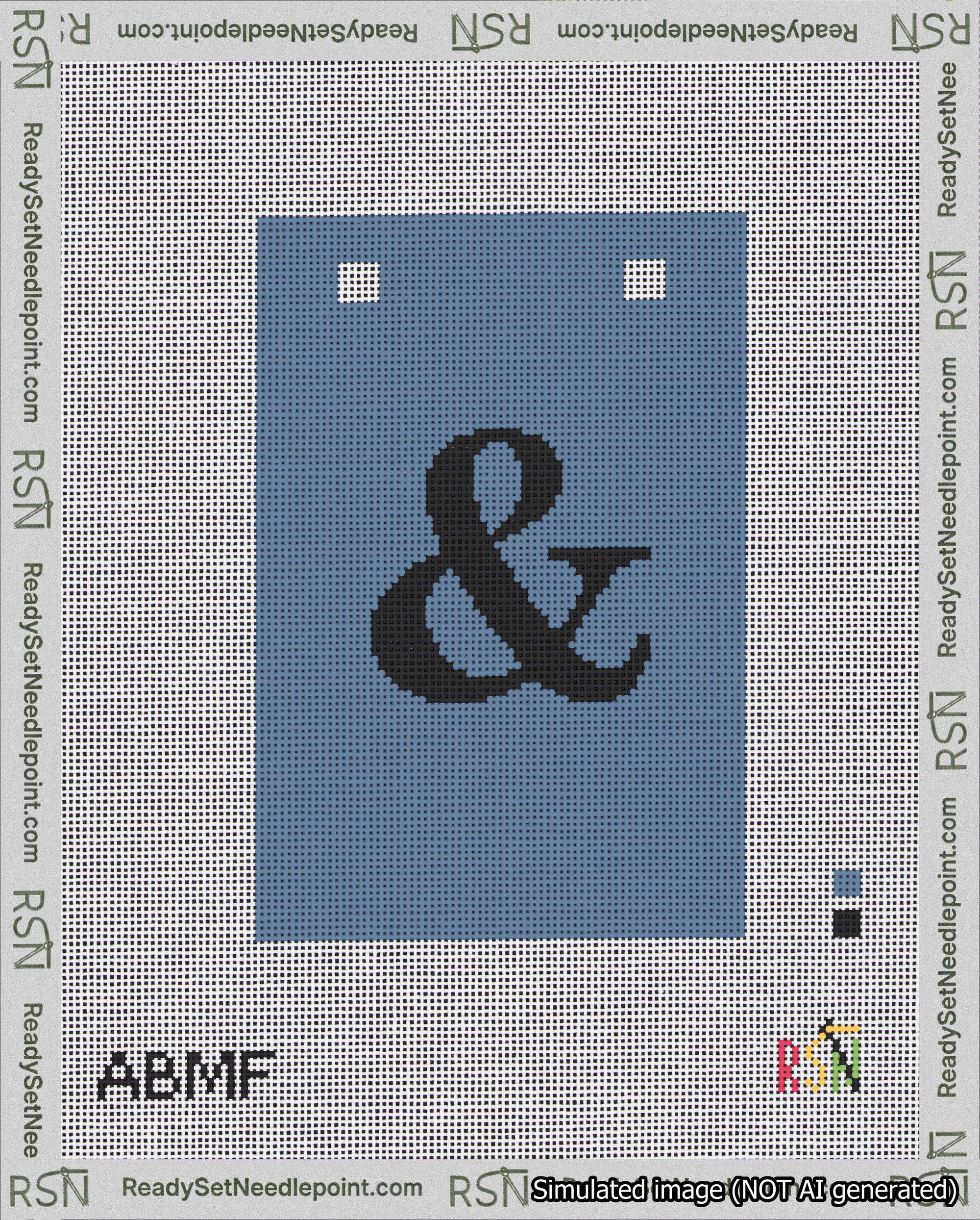 A taped needlepoint canvas with the design: Banner 18 mesh count Squared Ampersand Black on Blue.