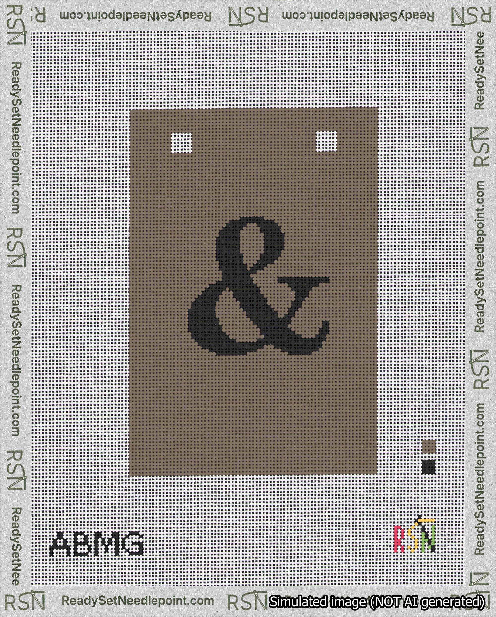 A taped needlepoint canvas with the design: Banner 18 mesh count Squared Ampersand Black on Brown.