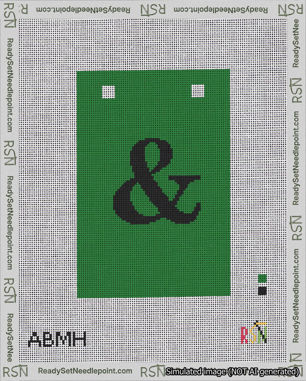 A taped needlepoint canvas with the design: Banner 18 mesh count Squared Ampersand Black on Green.