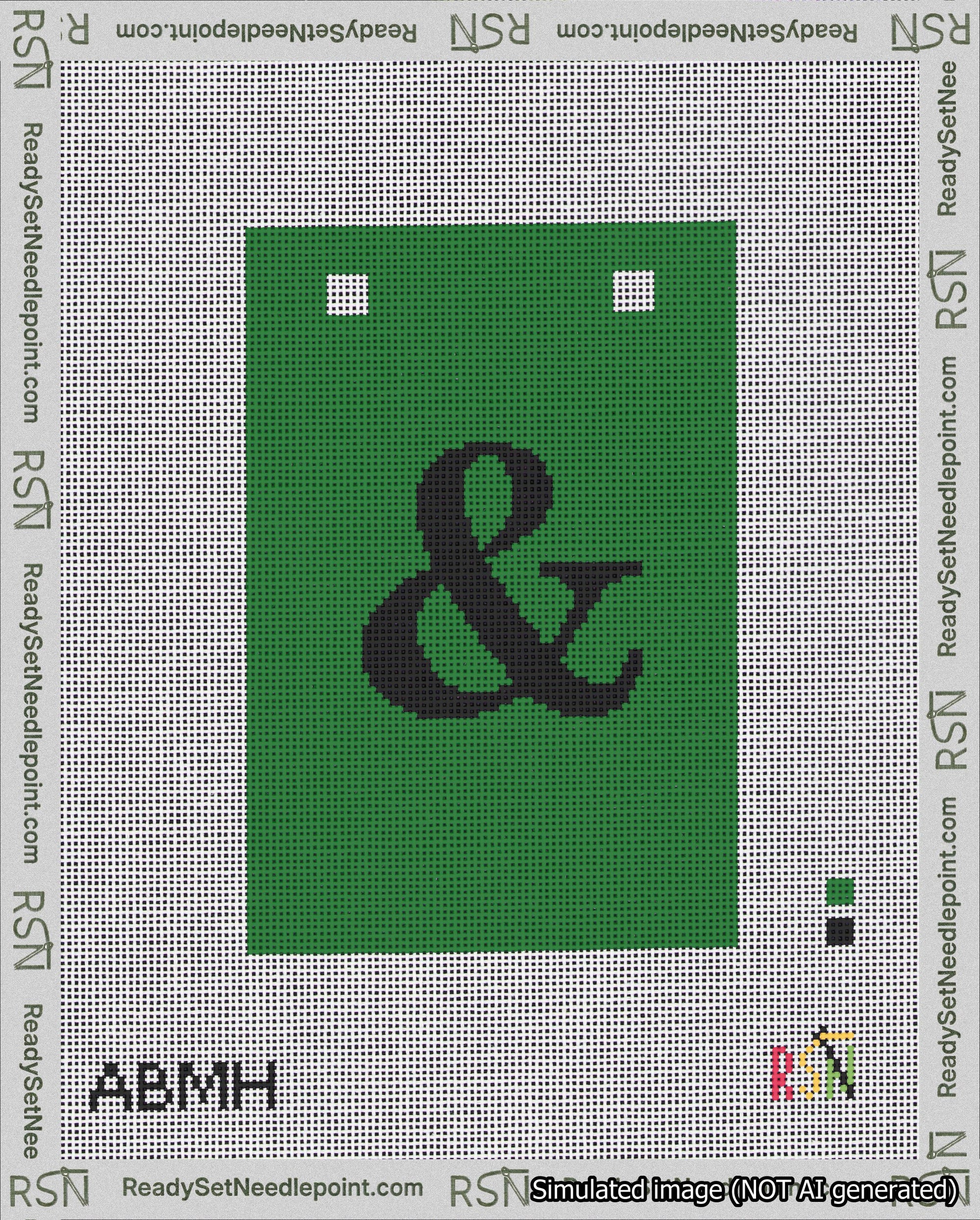 A taped needlepoint canvas with the design: Banner 18 mesh count Squared Ampersand Black on Green.