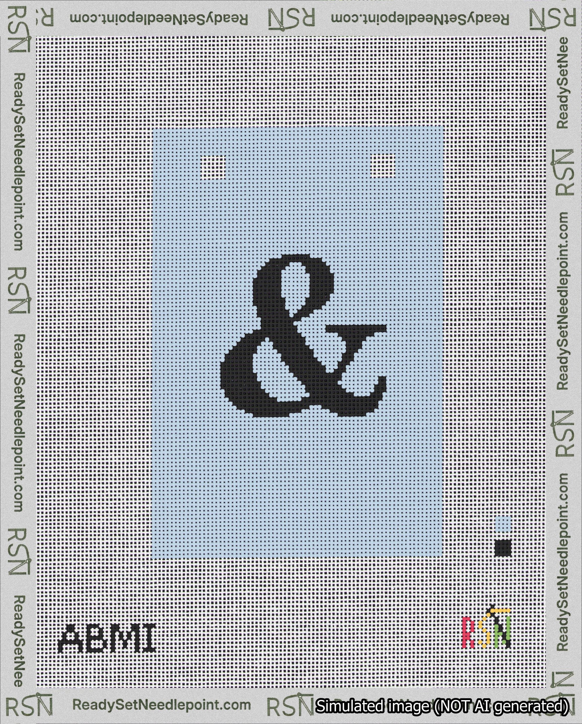 A taped needlepoint canvas with the design: Banner 18 mesh count Squared Ampersand Black on Light Blue.