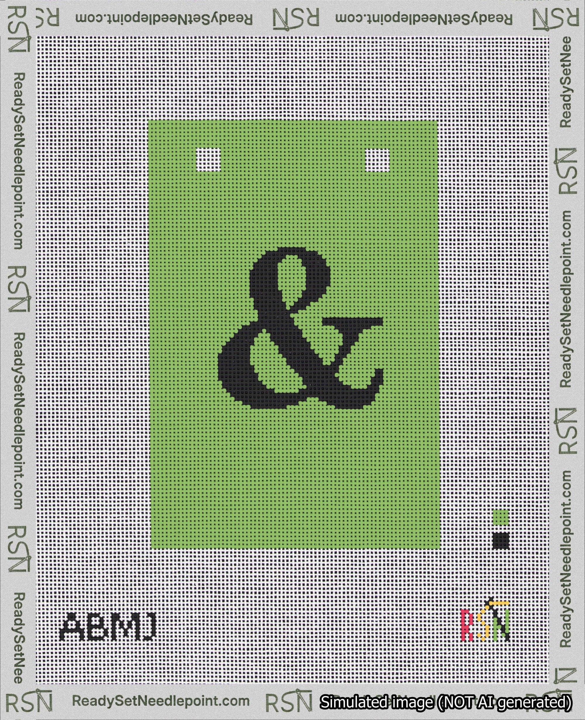 A taped needlepoint canvas with the design: Banner 18 mesh count Squared Ampersand Black on Light Green.