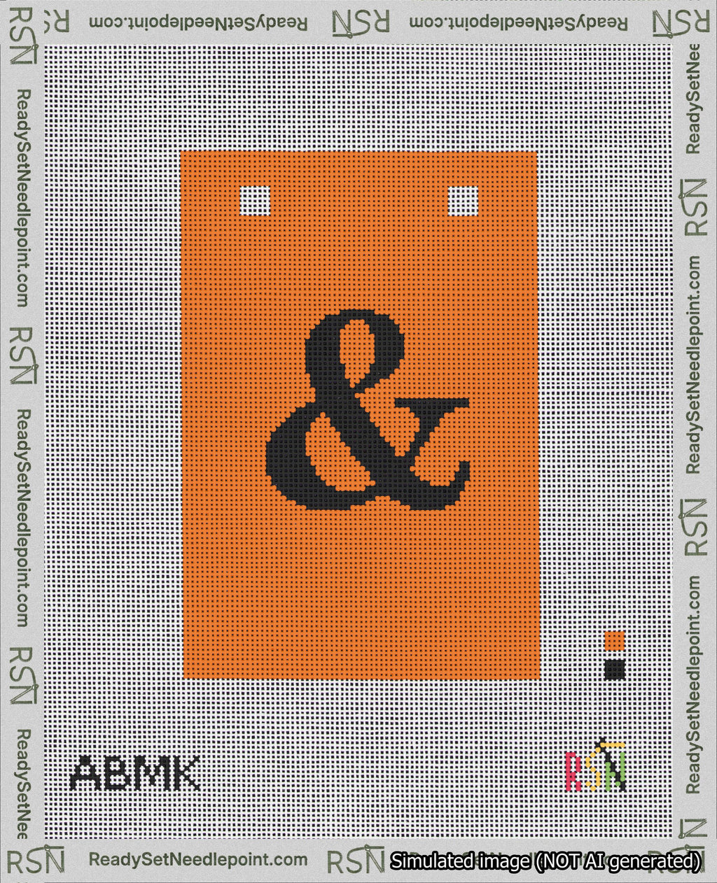 A taped needlepoint canvas with the design: Banner 18 mesh count Squared Ampersand Black on Orange.
