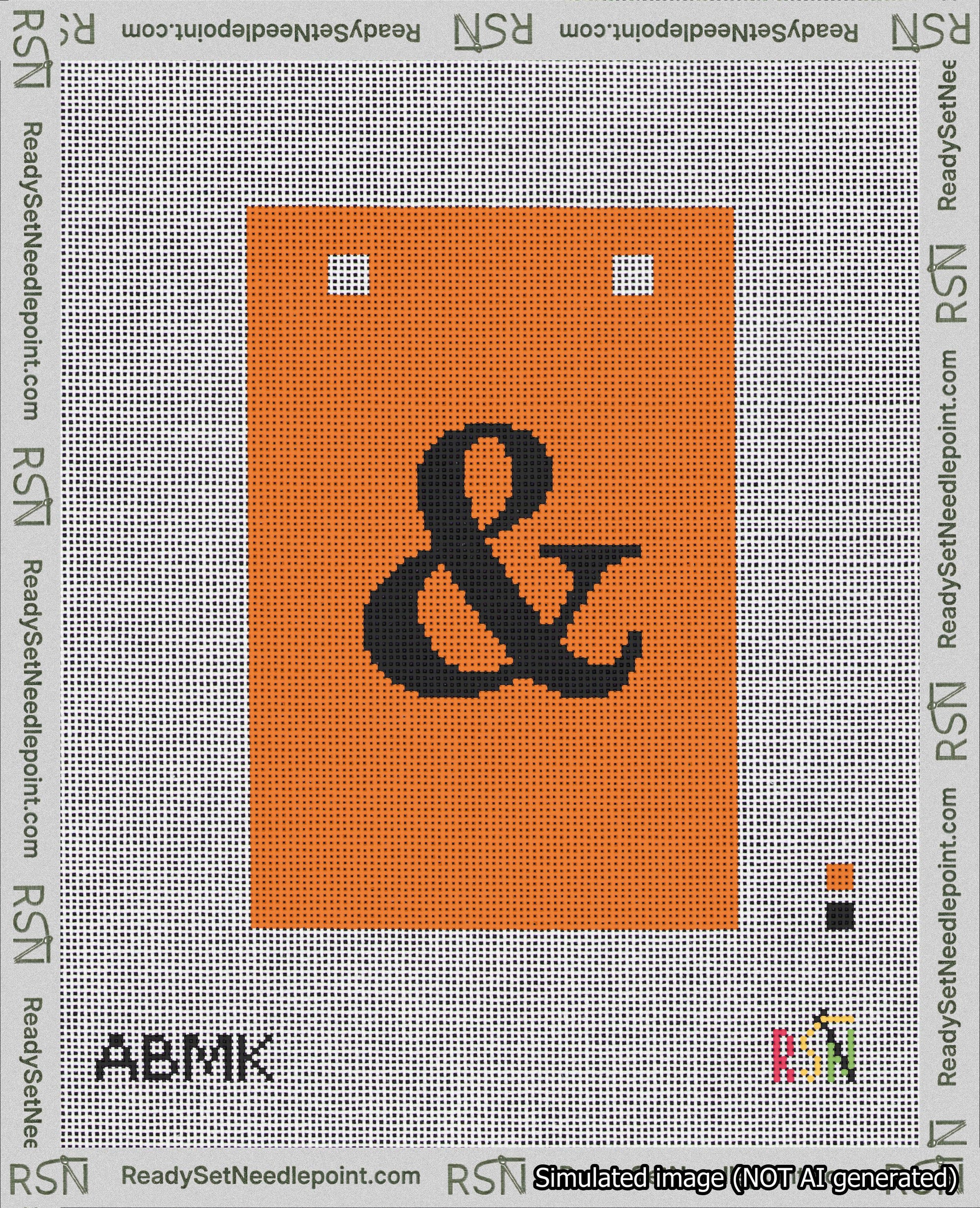 A taped needlepoint canvas with the design: Banner 18 mesh count Squared Ampersand Black on Orange.
