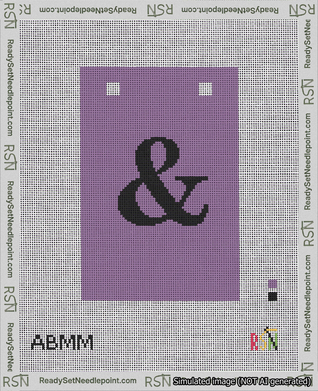 A taped needlepoint canvas with the design: Banner 18 mesh count Squared Ampersand Black on Purple.