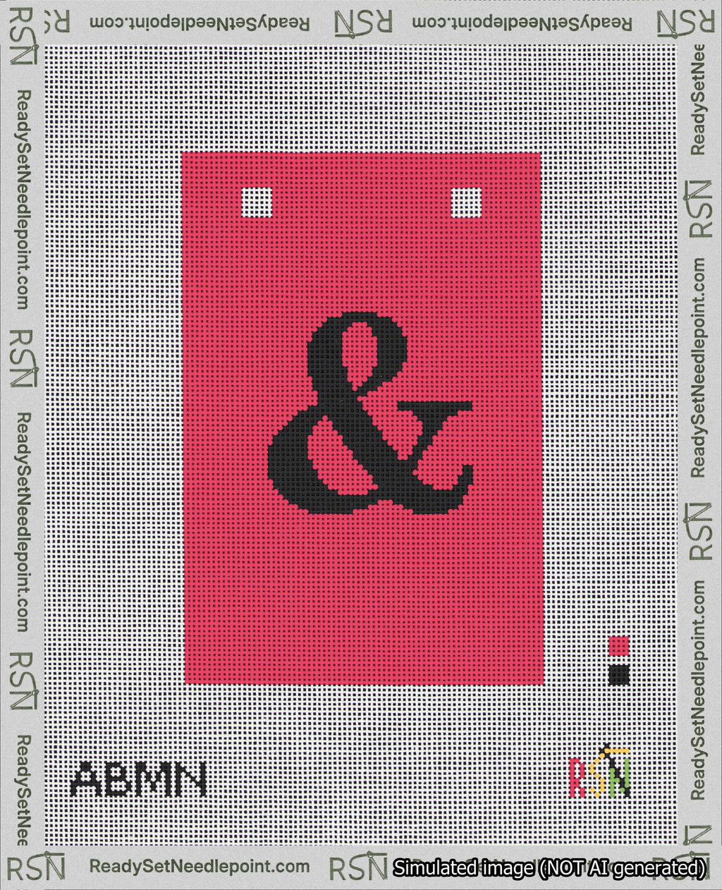 A taped needlepoint canvas with the design: Banner 18 mesh count Squared Ampersand Black on Red.