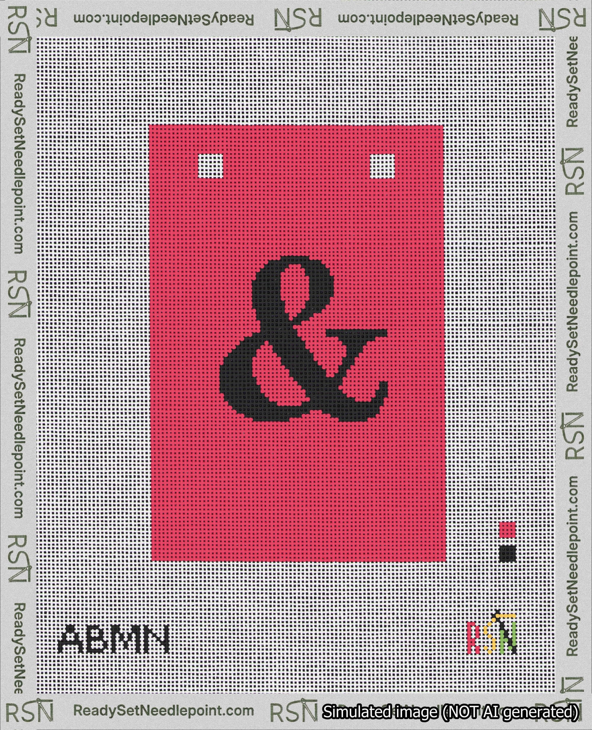 A taped needlepoint canvas with the design: Banner 18 mesh count Squared Ampersand Black on Red.