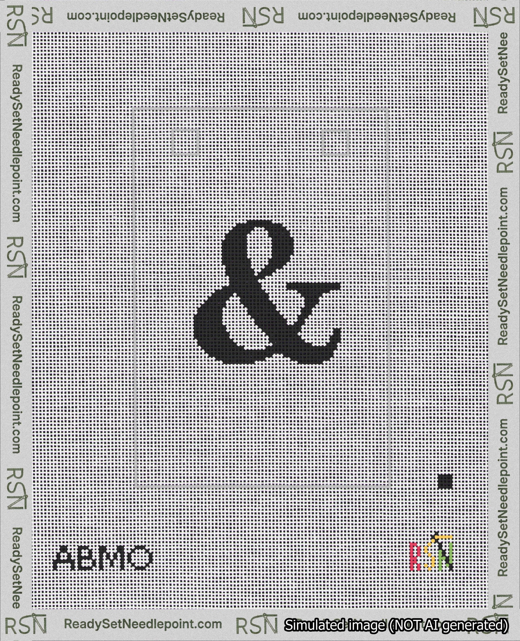 A taped needlepoint canvas with the design: Banner 18 mesh count Squared Ampersand Black on White.