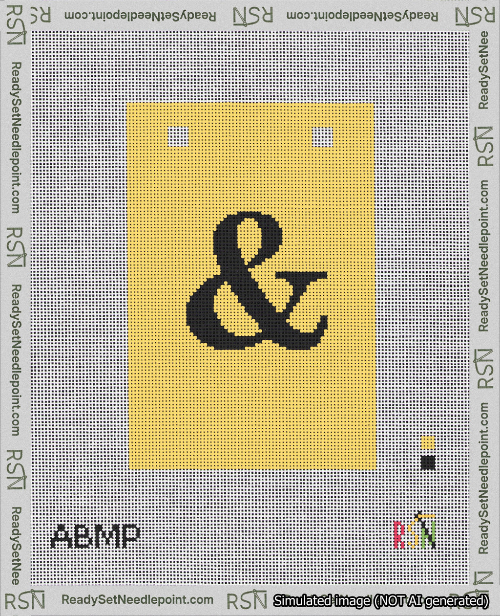 A taped needlepoint canvas with the design: Banner 18 mesh count Squared Ampersand Black on Yellow.