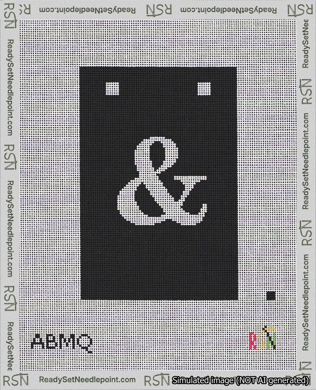 A taped needlepoint canvas with the design: Banner 18 mesh count Squared Ampersand White on Black.