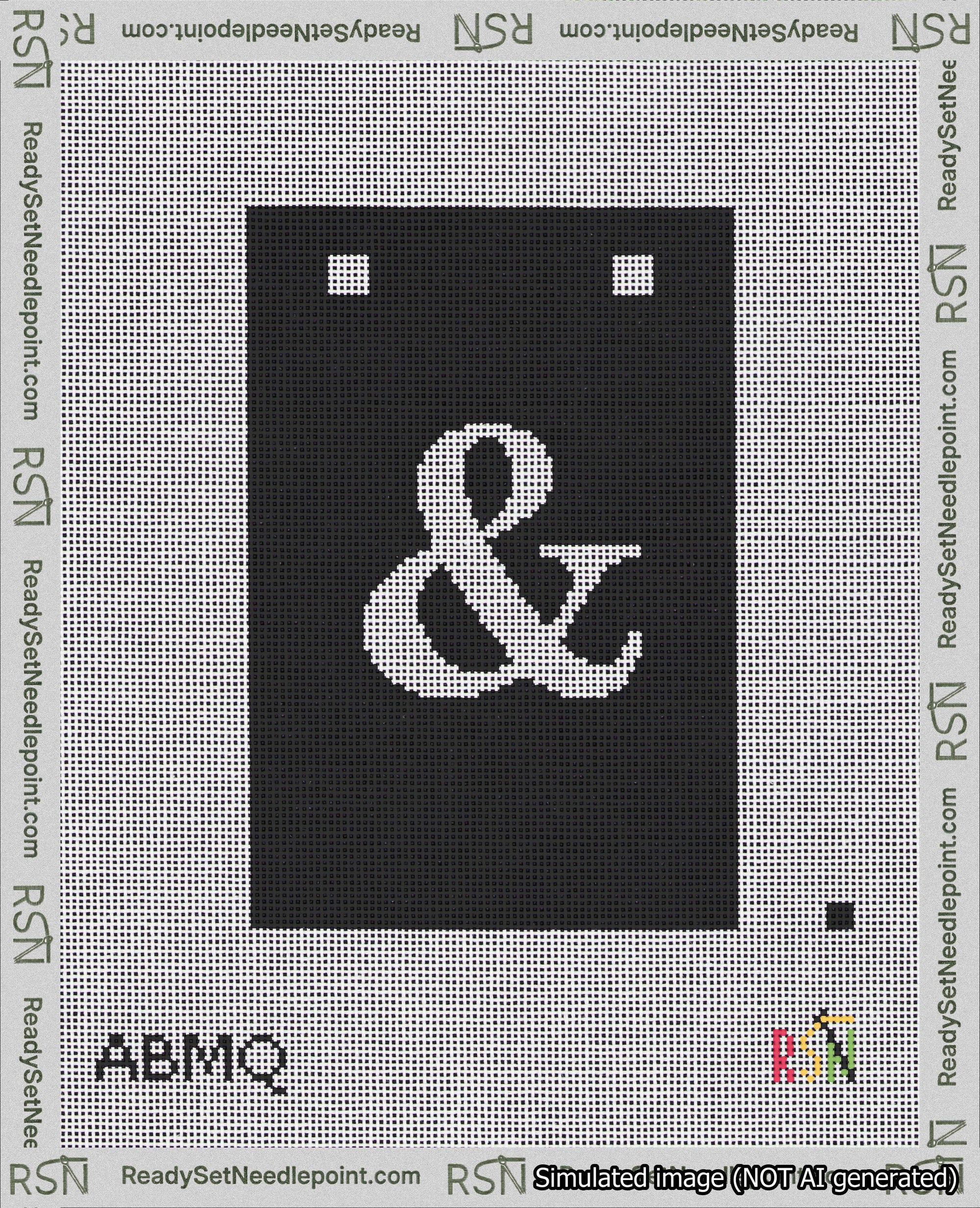 A taped needlepoint canvas with the design: Banner 18 mesh count Squared Ampersand White on Black.