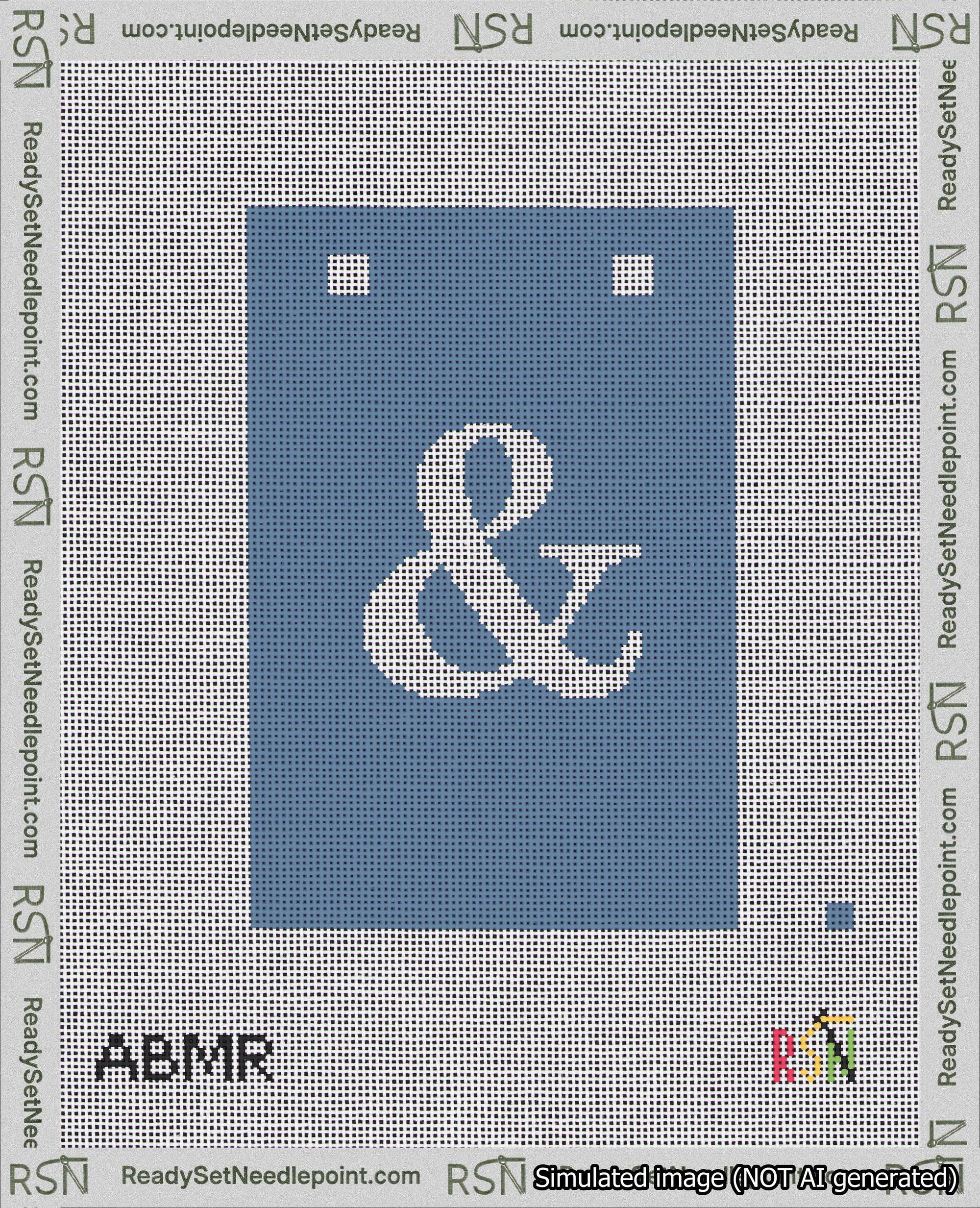 A taped needlepoint canvas with the design: Banner 18 mesh count Squared Ampersand White on Blue.