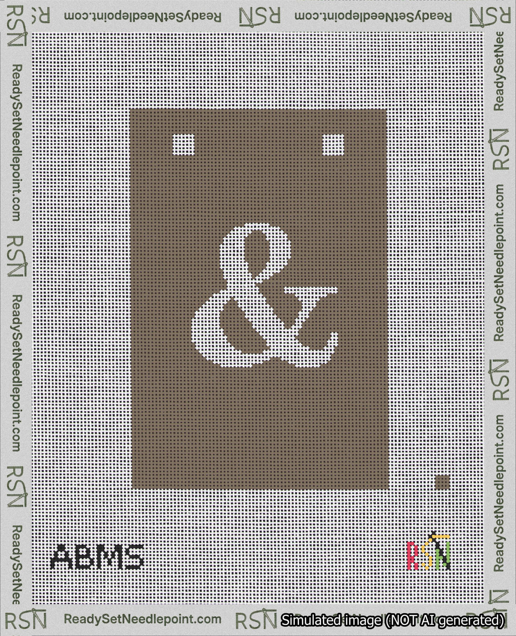 A taped needlepoint canvas with the design: Banner 18 mesh count Squared Ampersand White on Brown.