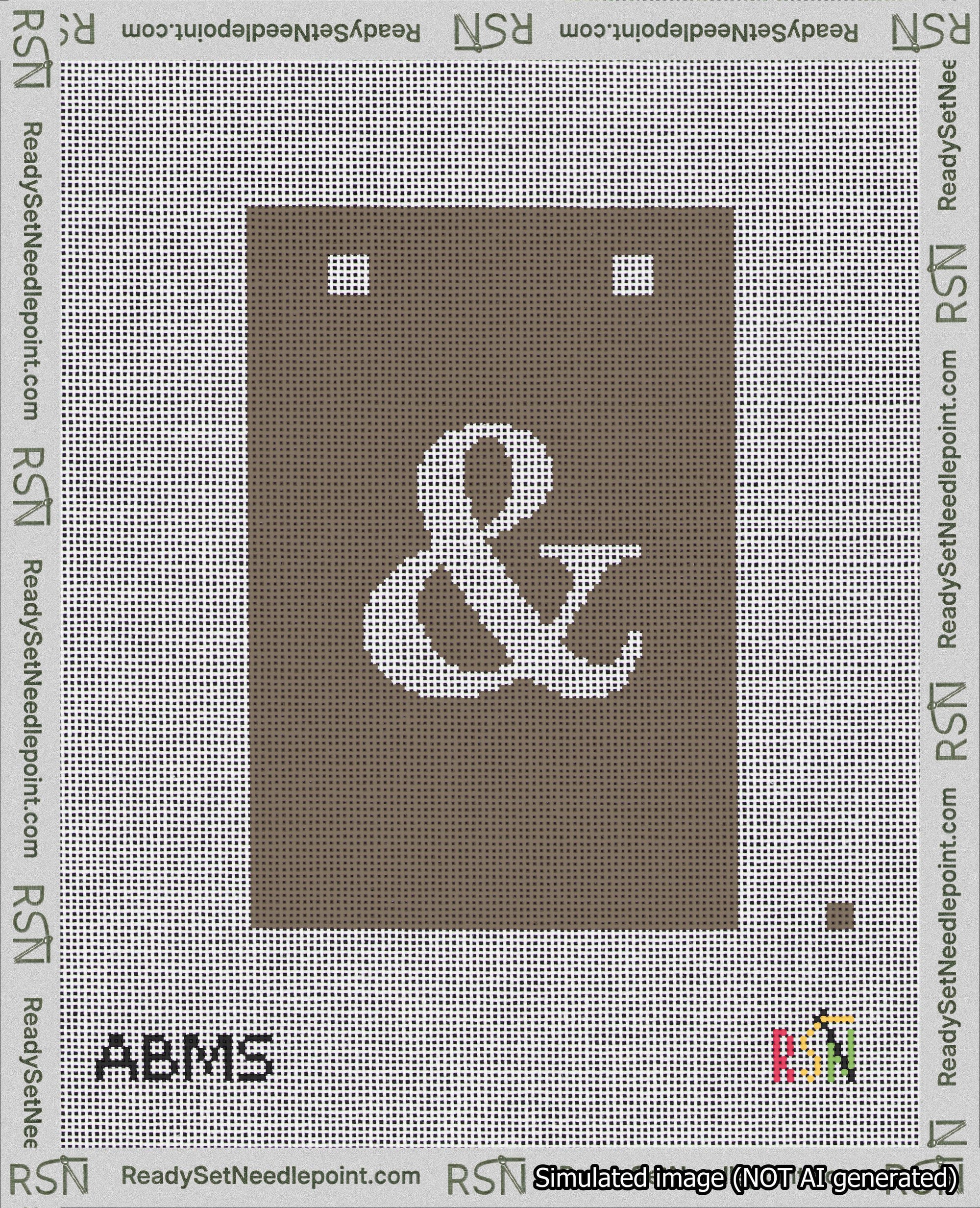 A taped needlepoint canvas with the design: Banner 18 mesh count Squared Ampersand White on Brown.