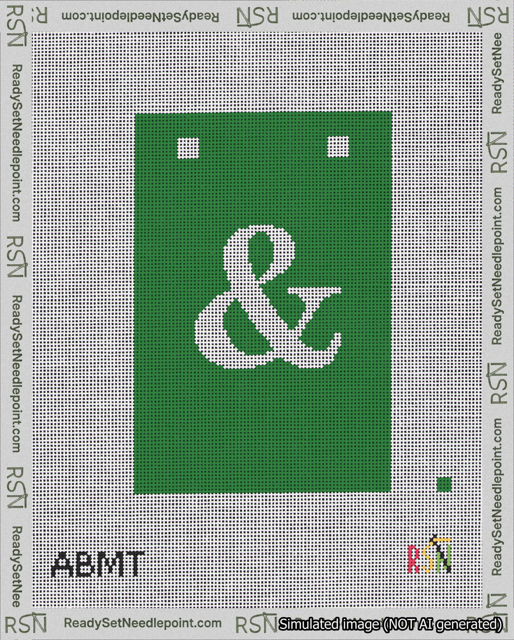 A taped needlepoint canvas with the design: Banner 18 mesh count Squared Ampersand White on Green.
