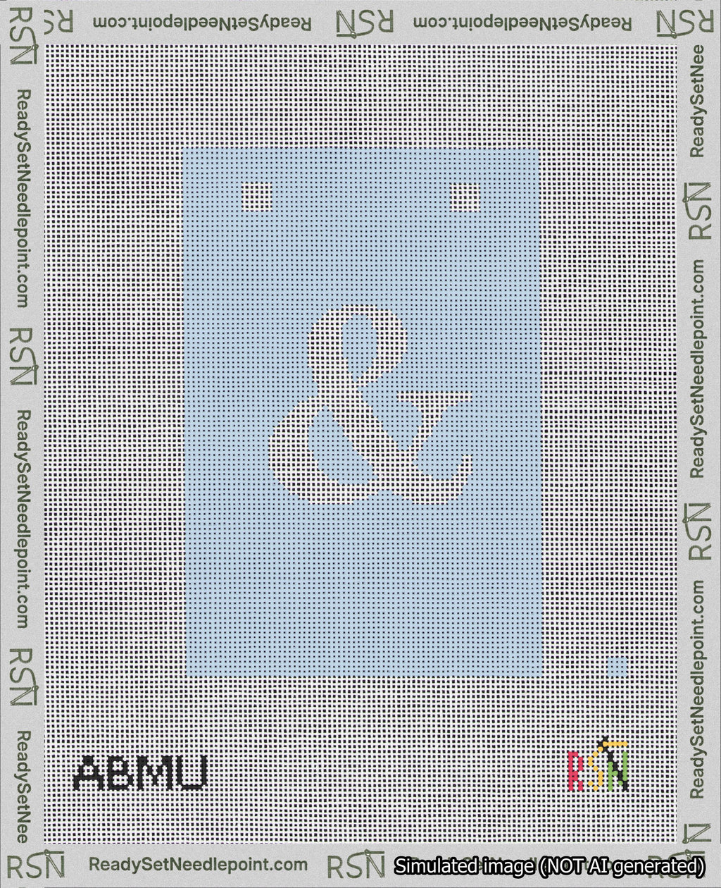 A taped needlepoint canvas with the design: Banner 18 mesh count Squared Ampersand White on Light Blue.