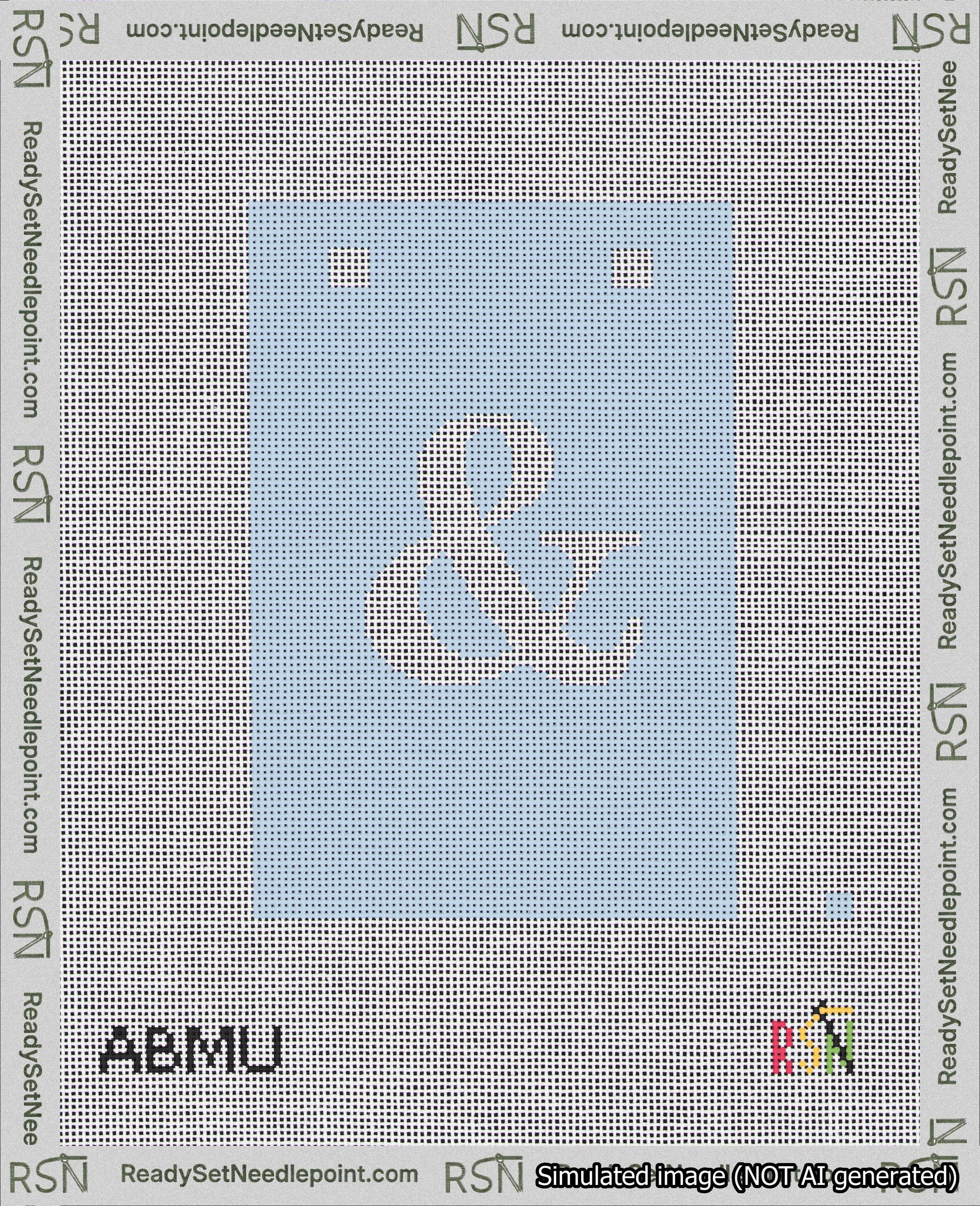 A taped needlepoint canvas with the design: Banner 18 mesh count Squared Ampersand White on Light Blue.